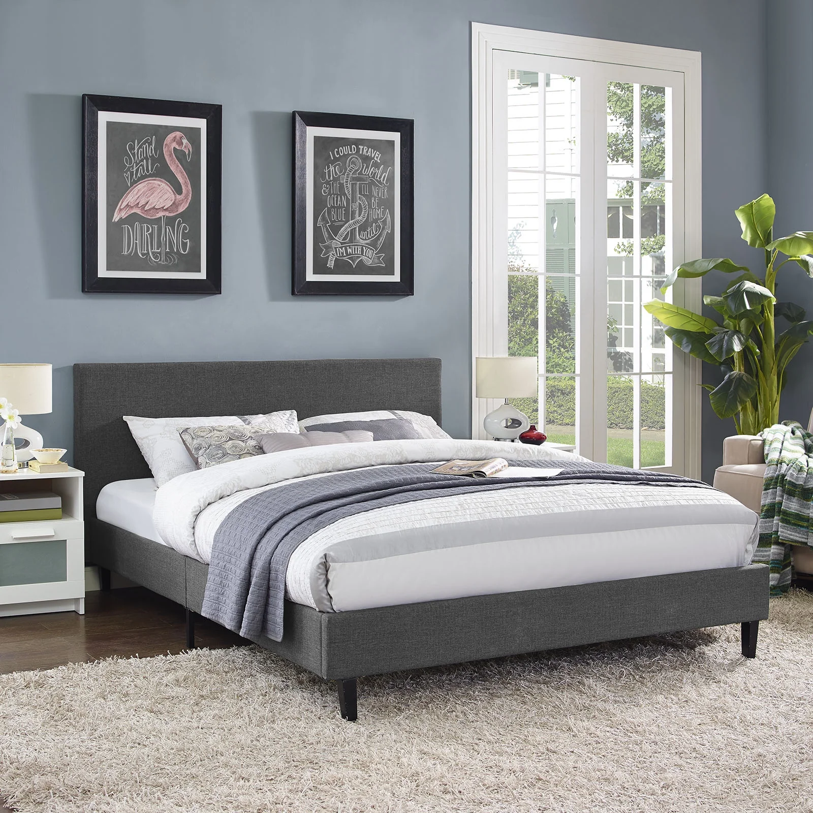 Modern Contemporary Urban Design Bedroom Queen Size Platform Bed Frame, Grey Gray, Fabric Wood
