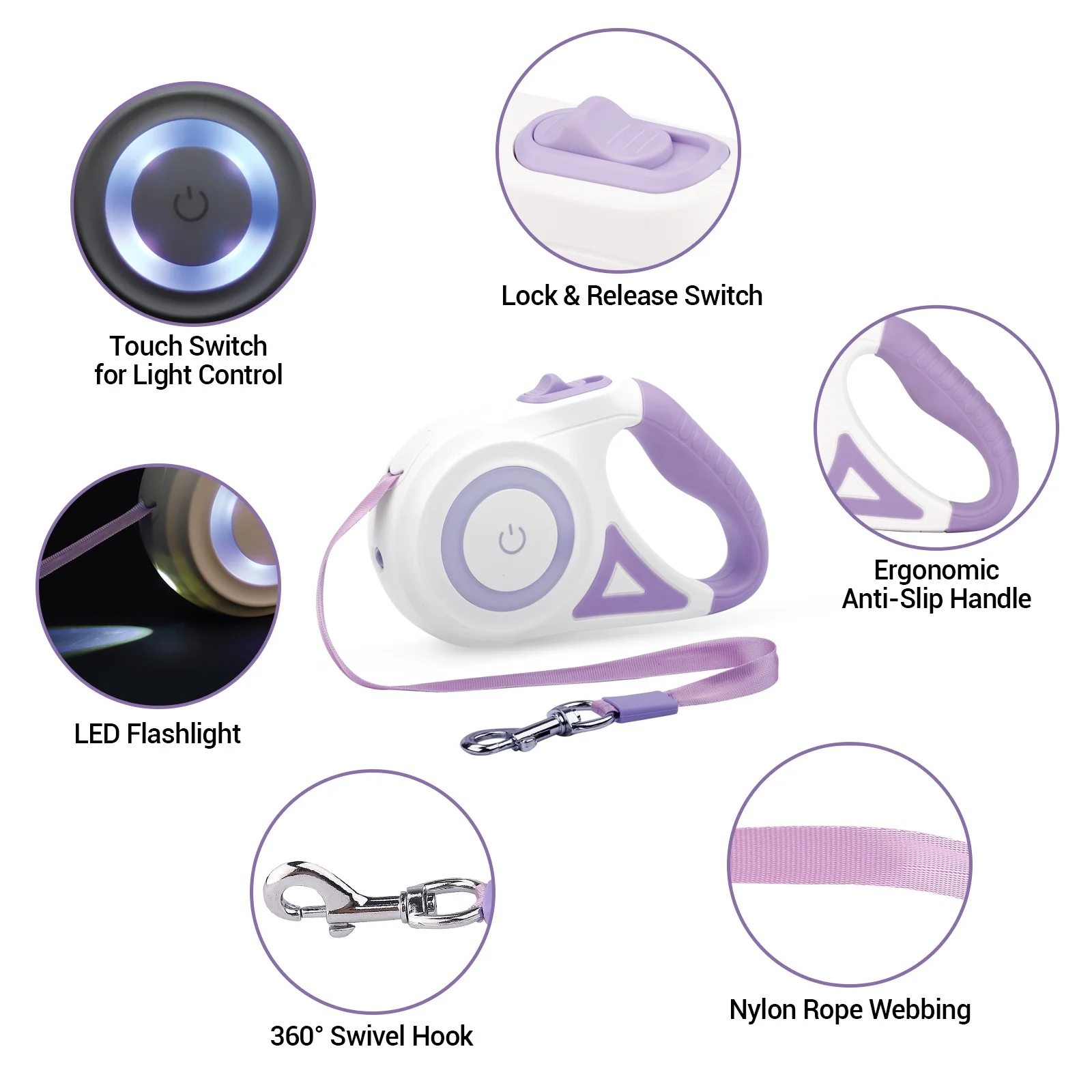 BEBANG Retractable Dog Leash, 16ft with Light, Anti-Slip Handle, One Button Brake & Lock Tangle-Free Dog Retractable Leash