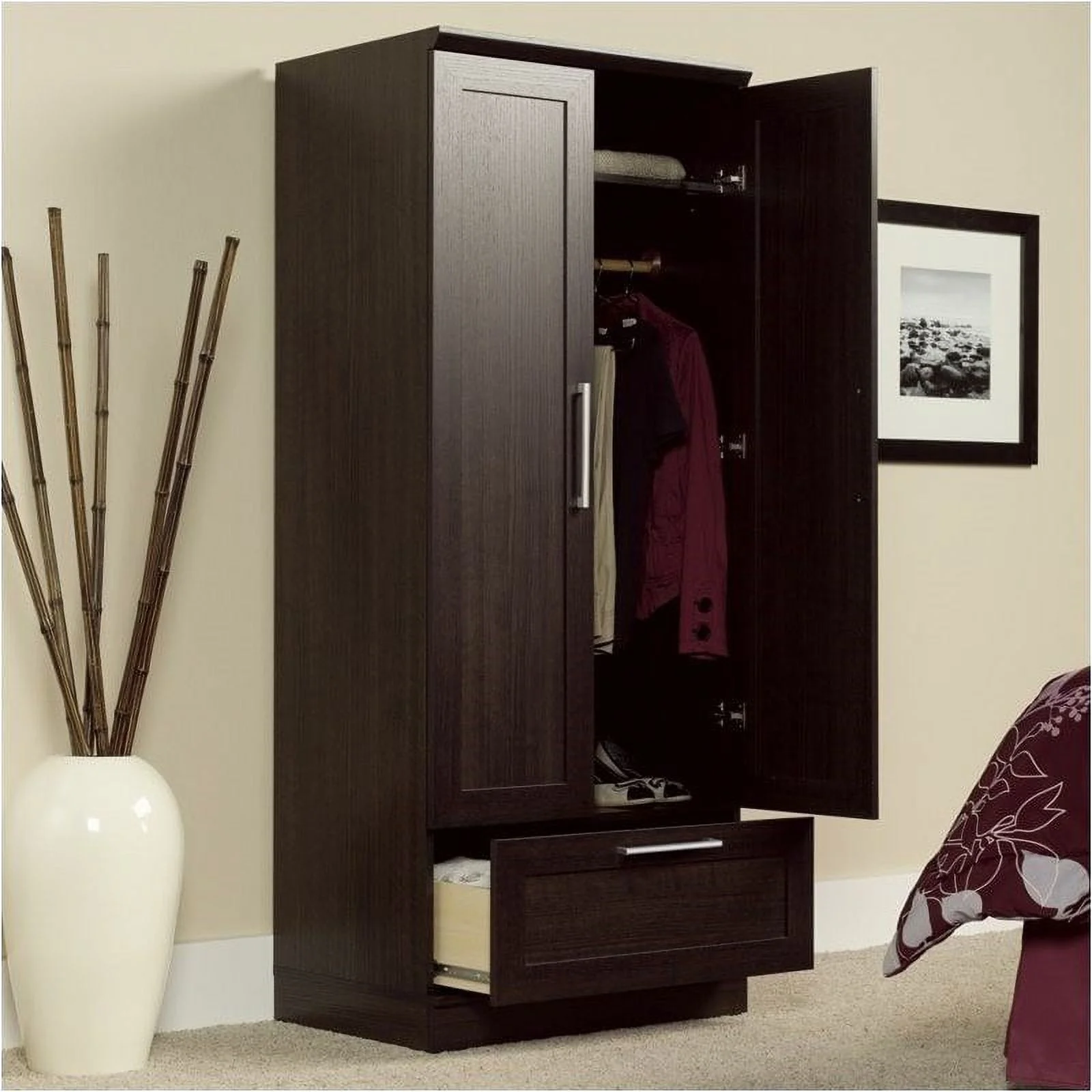 Pemberly Row Wardrobe Armoire, Storage Cabinet with 1-Drawer and Garment Rod in Dakota Oak Finish