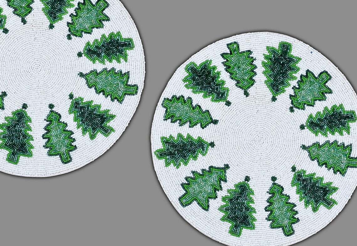 Set of 6 Handmade Placemats, Beaded Christmas Tablemats, Designer X-mass Tableware 13X13 Inch