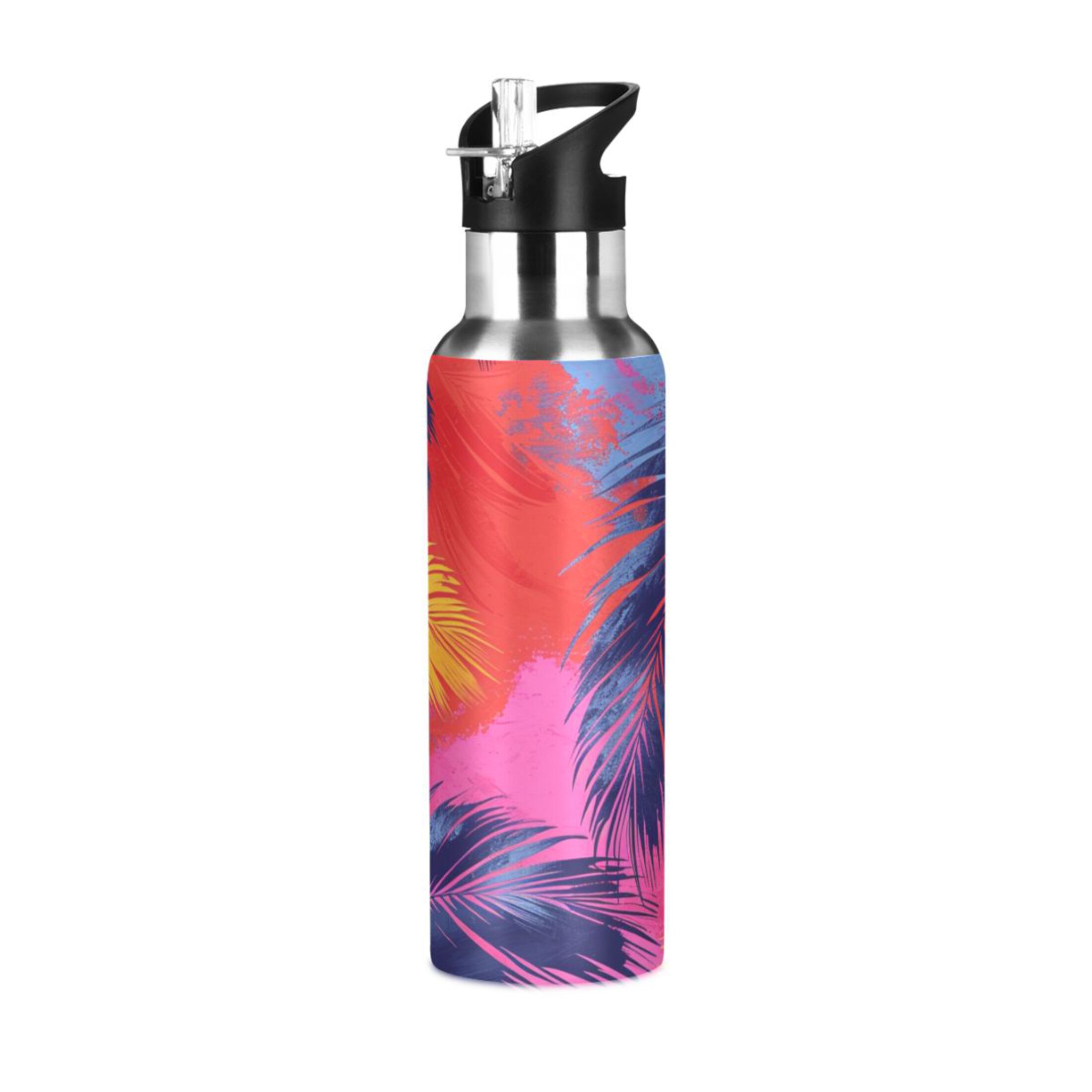 Tropical Palm Leaves Water Bottles Insulated Thermos Kids Stainless Steel Bottle with Straw Lid Flask Leakproof for Sports Gym 20 oz