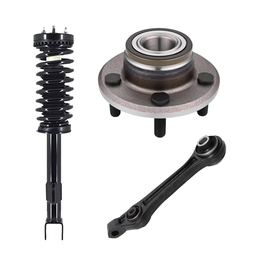 Set of 3 Front Lower Rearward Control Arm-Wheel Hub Bearing Assembly-Quick Complete Strut-Coil Spring Assembly For 2005-2010 Chrysler 300 V6