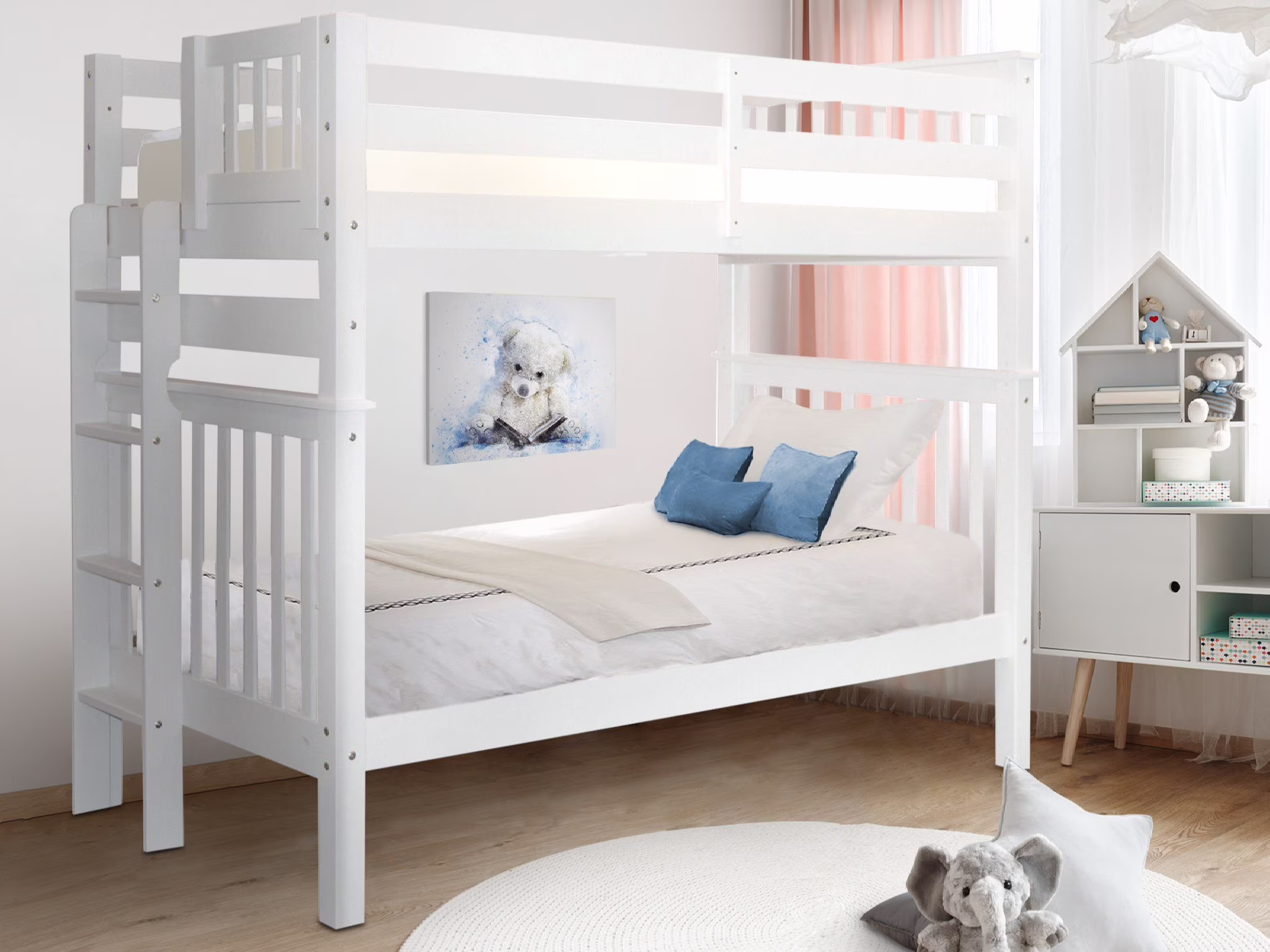 Bedz King Tall Bunk Beds Twin over Twin Mission Style with End Ladder, White