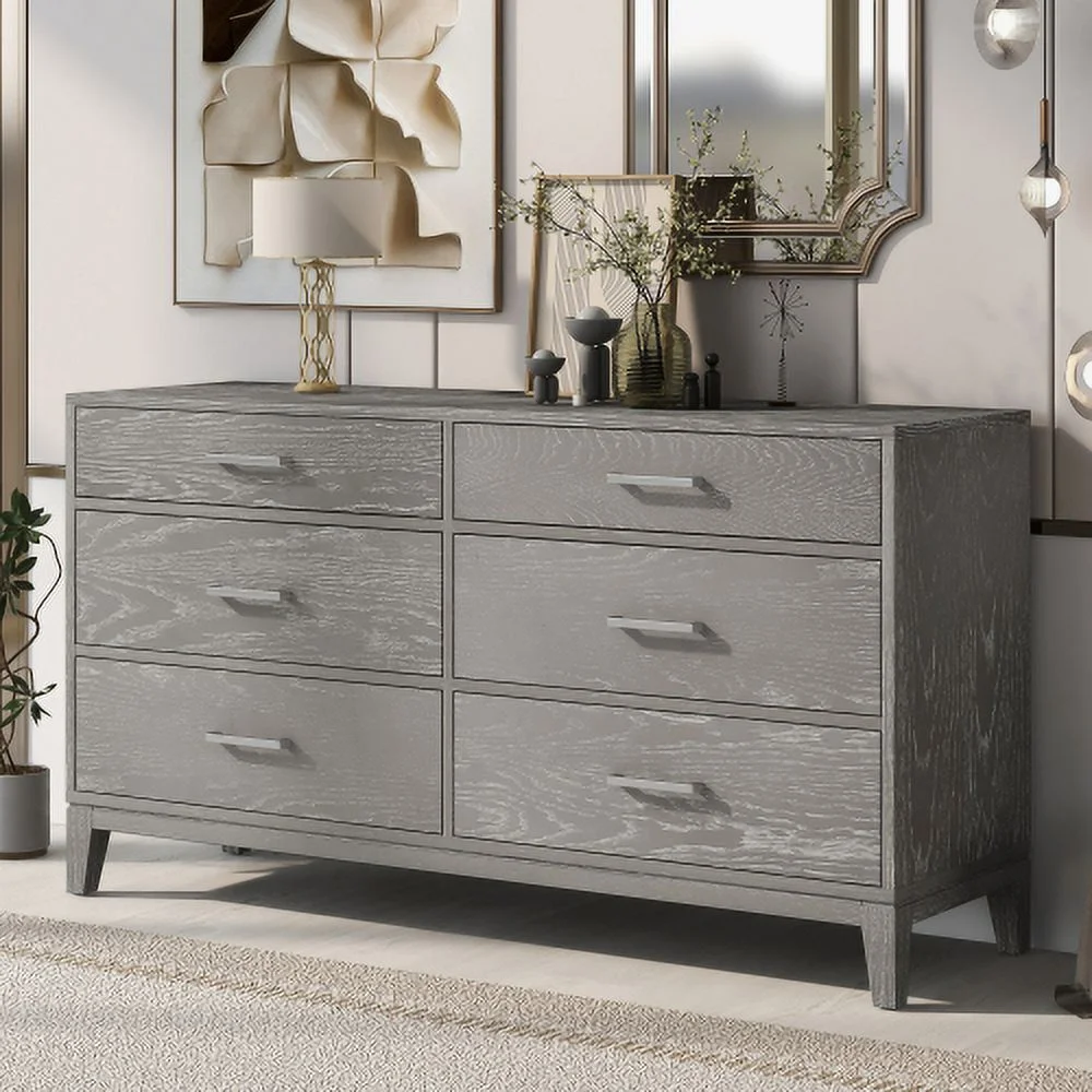 Modern Concise Style Gray Wood Grain Six-Drawer Dresser with Tapered Legs and Smooth Gliding Drawers