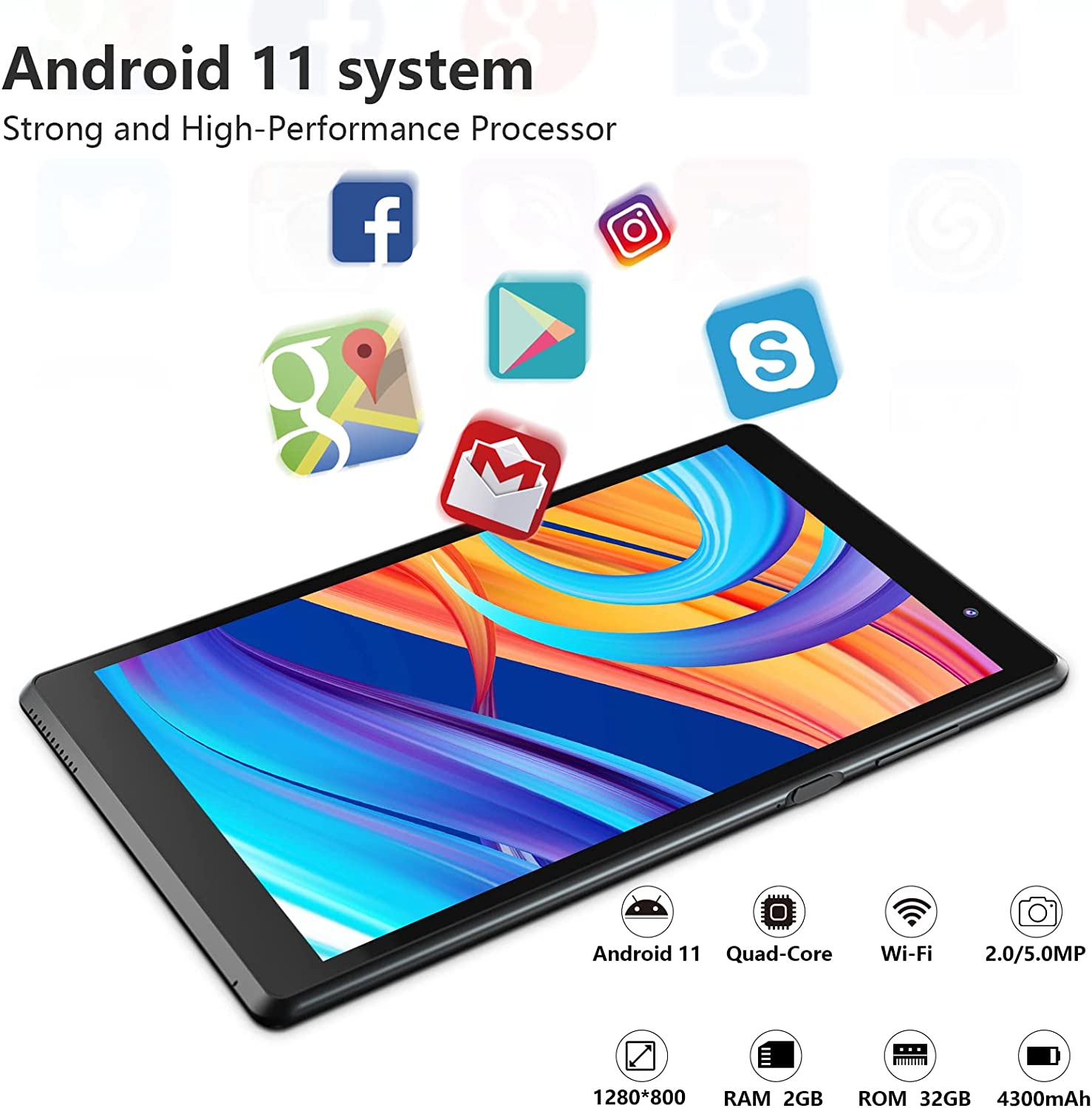 Tablet cp80 8 inch Android 11 2GB RAM 32GB ROM, 1280x800 IPS HD Display, 2MP+5MP Dual Camera GMS(Black)