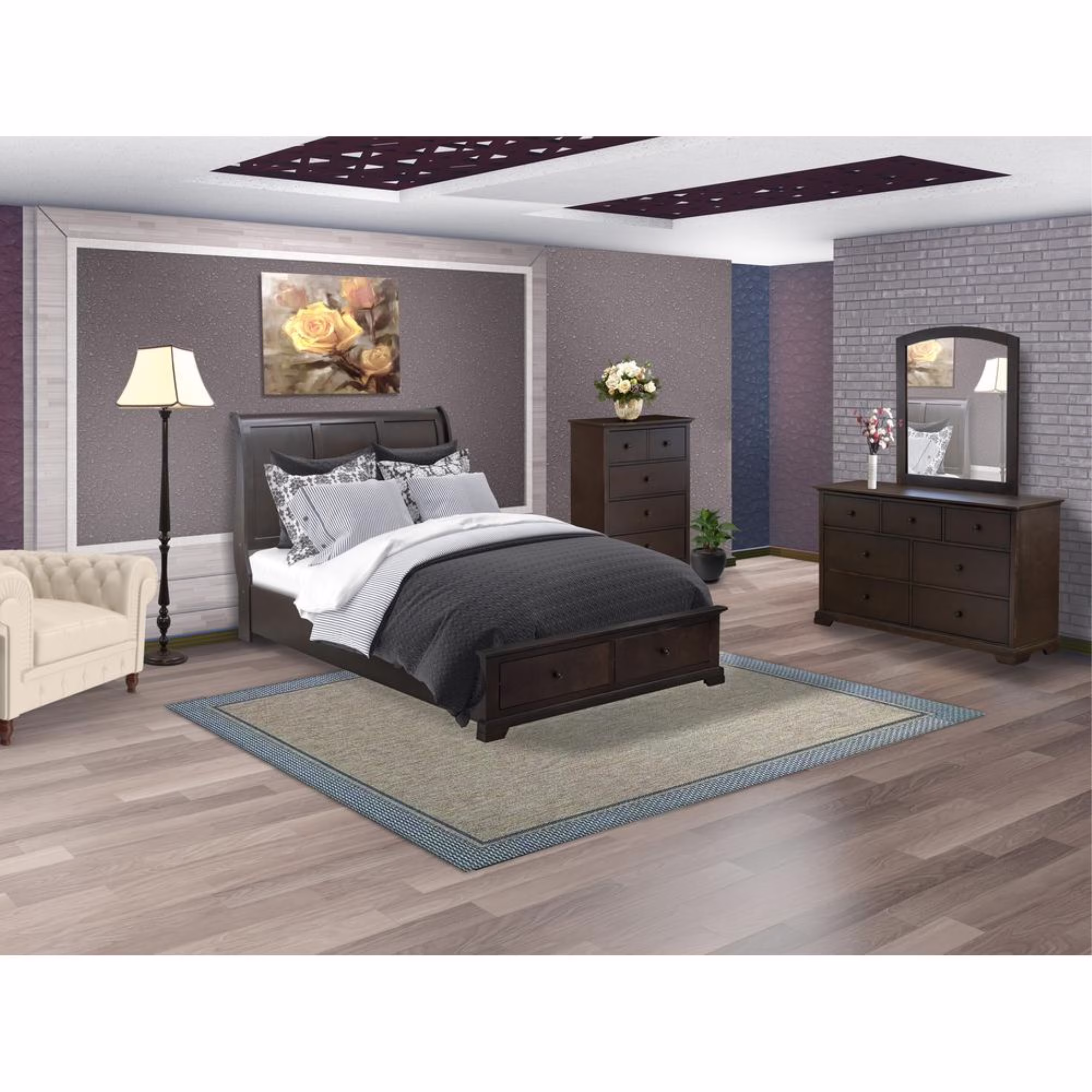 East West Furniture Cordova 4-Pc Queen Size Bedroom Set Contains a Platform Queen Bed, Small Dresser, Mid Century Modern Mirror and a Bedroom Chester - Wire Brushed Walnut Finish
