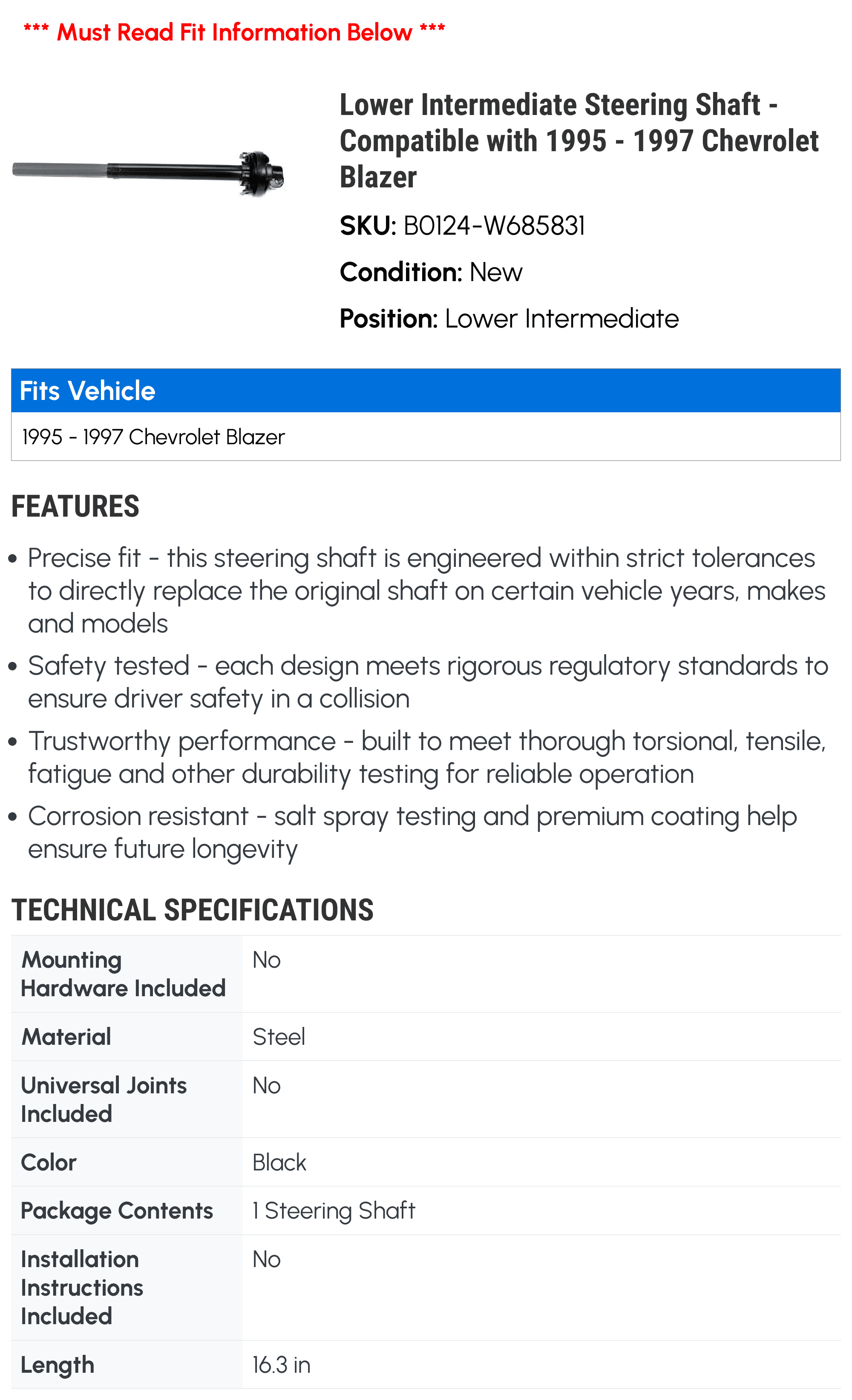 Lower Intermediate Steering Shaft - Compatible with 1995 - 1997 Chevy Blazer 1996