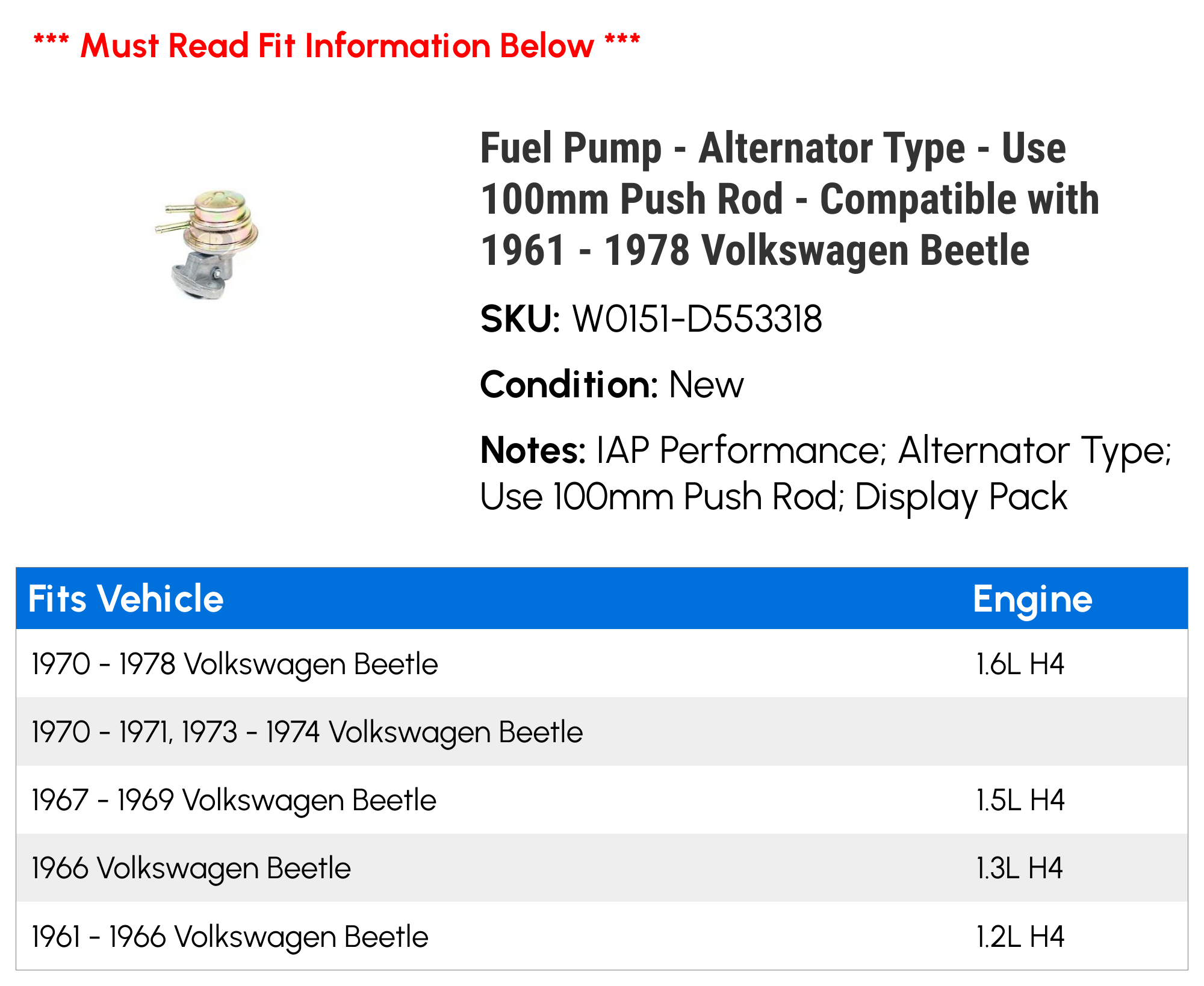 Fuel Pump - Alternator Type - Use 100mm Push Rod - Compatible with 1961 - 1978 Volkswagen Beetle 1962 1963 1964 1965 1966 1967 1968 1969 1970 1971 1972 1973 1974 1975 1976 1977