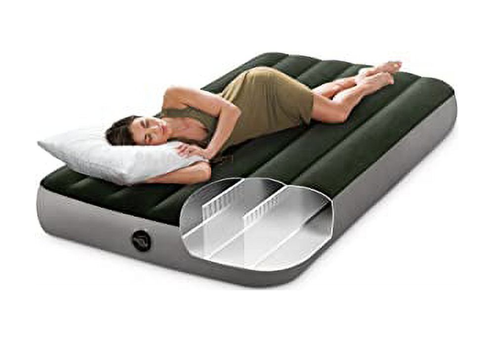 INTEX 64777E Dura-Beam Standard Prestige Air Mattress: Fiber-Tech – Twin Size – Hand-Held Battery Pump – 10in Bed Height – 300lb Weight Capacity