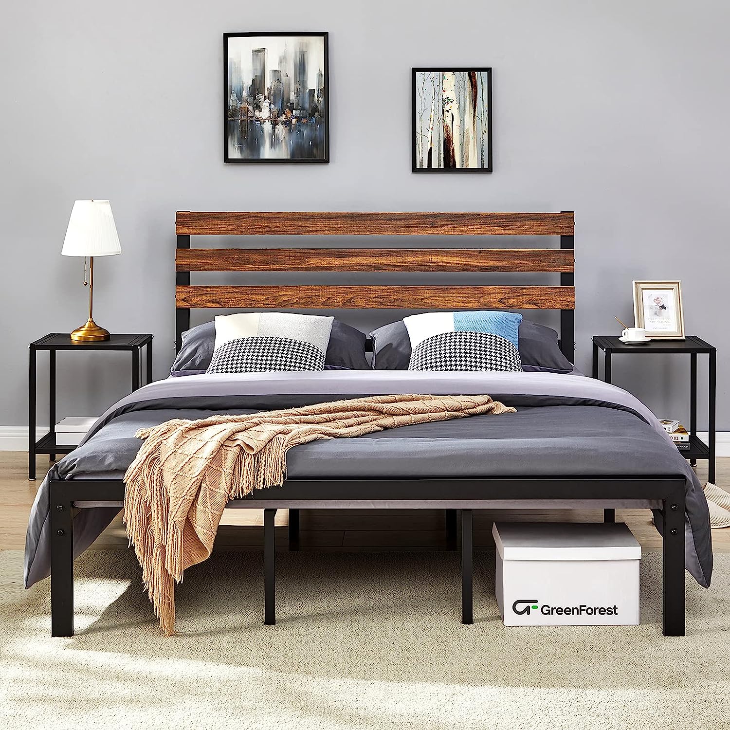 Queen Bed Frame with Wooden Headboard Platform Bed with Metal Support Slats NO-Noise Heavy Duty Bed Industrial Country Style with 9 Strong Legs  No  Box Spring  Queen