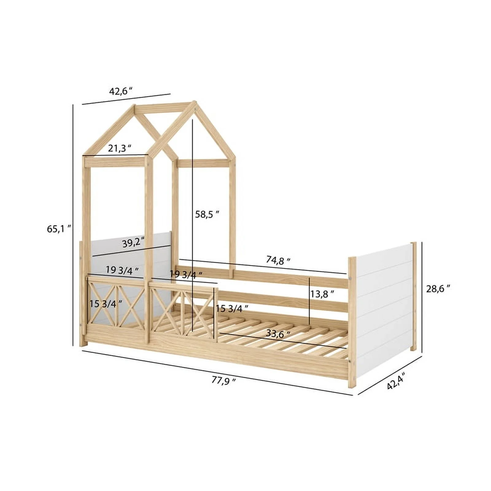 Pemberly Row Modern Solid Wood Twin Daybed with Roof and Guardrails in White/Oak