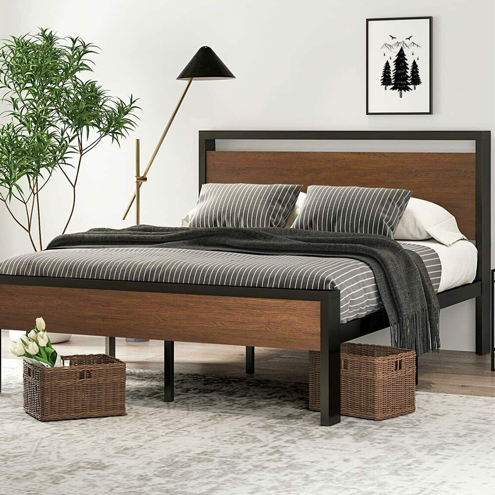 Queen Size Metal Bed Frame with Wooden Headboard & Footboard, Walnut