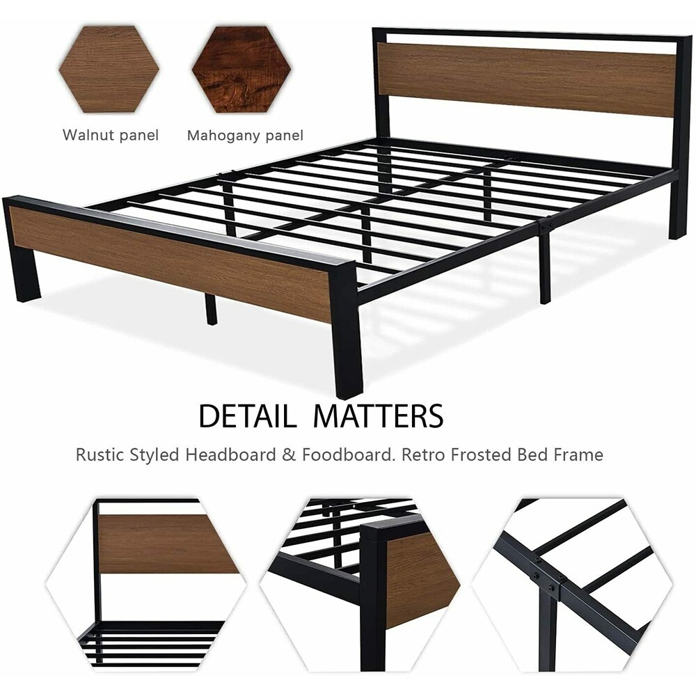King Size Metal Bed Frame with Wooden Headboard & Footboard, Walnut