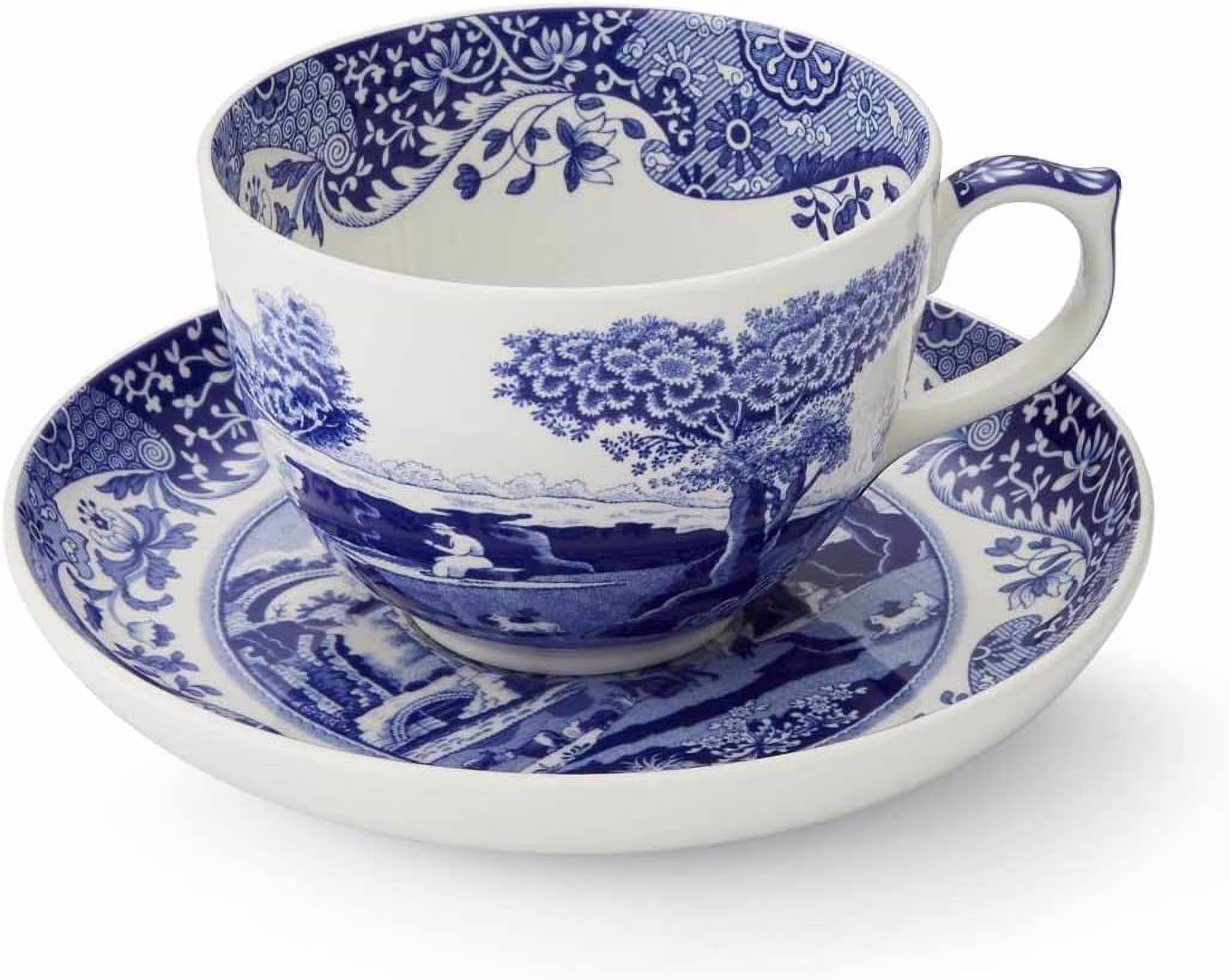 Blue Italian Teacup And Saucer | 20-Ounce Capacity | Jumbo Tea Set | Coffee Mug | Cup For Tea, Lattes, Espressos, And Hot Beverages | Blue And White | Dishwasher Safe