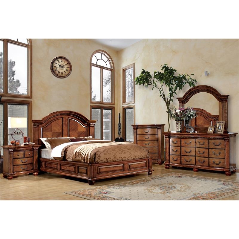 Kingfisher Lane Traditional Wood Queen Panel Bed in Antique Tobacco Oak