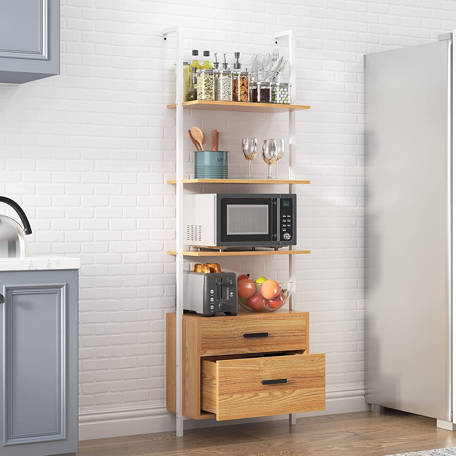 Soges 4-Tier Bookshelf with 2 Drawers, Industrial Wall-Mounted Ladder Shelf, Storage Free Standing Display Shelf for Living Room, Office, Bedroom, Bathroom, Kitchen