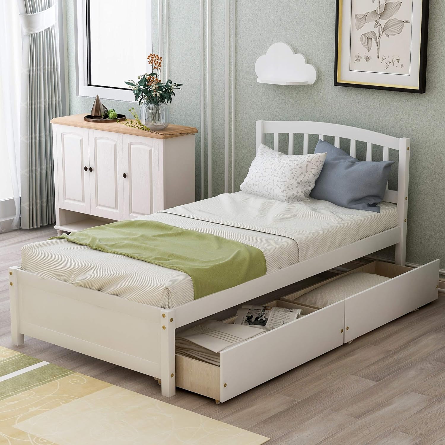 Platform Storage Bed Wood Bed Frame With Two Drawers And Headboard, White