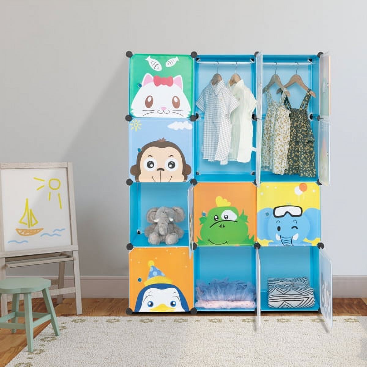 SYTHERS Kids Wardrobe Closet, Cartoon DIY Modular Dresser Storage Organizer with 12 Cubes & 2 Clothes Hanging Section, Portable Closet Bedroom Nursery Armoire Rack for Toddlers Children, Blue