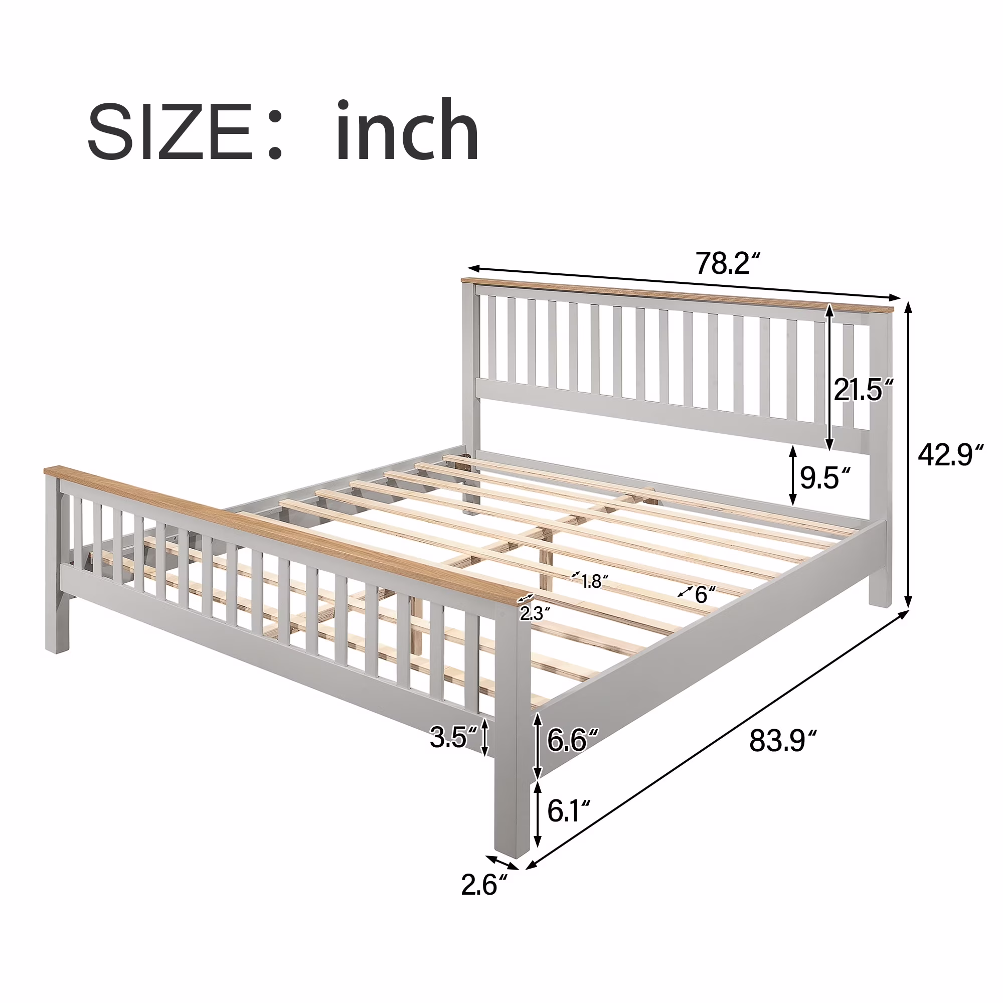 King Platform Bed Solid Wood Single Bed Frame with Headboard&Footboard