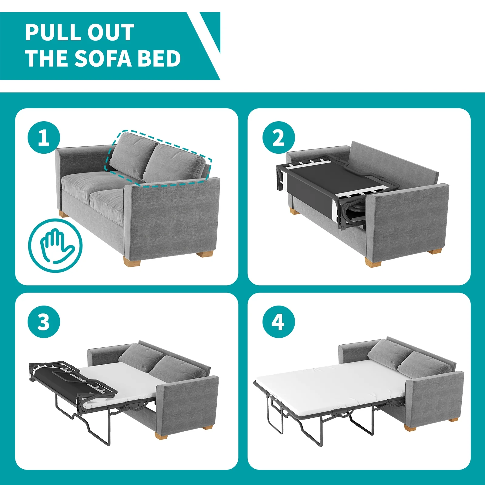 MUZZ Full Size Pull Out Sofa Bed, Velvet Sofa Couvh with Pull Out Bed, Sleeper Sofa Couch with Foam Mattress, 2-in-1 Sleeper Couch Bed for Living Room/Apartment/Small Spaces (Grey)