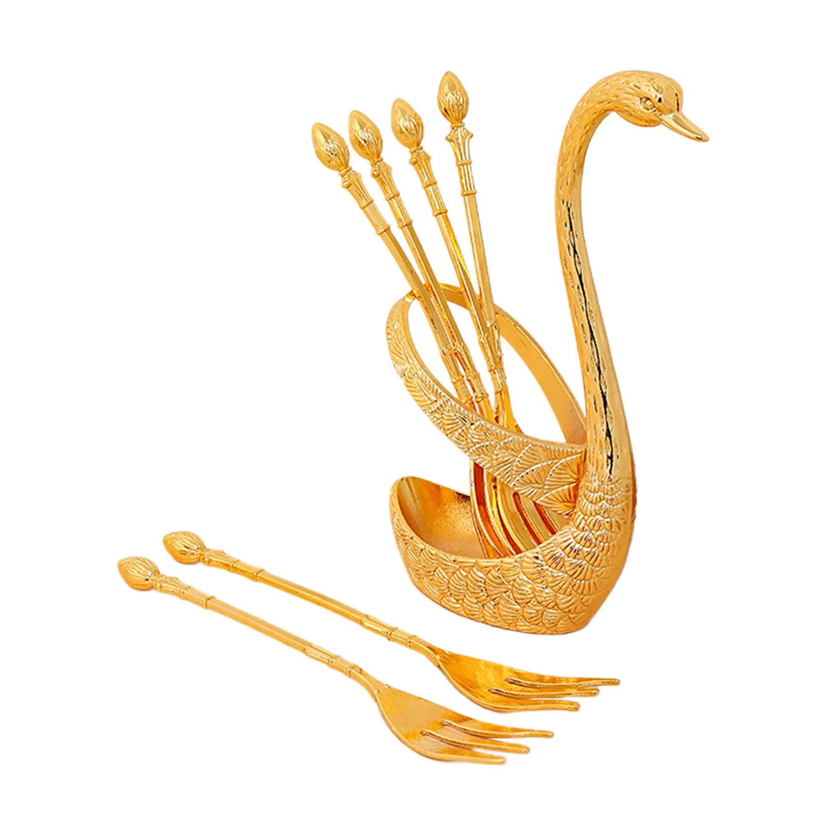 Swan Dinnerware Set, Swan Base Holder Alloy Fruit Ice Cream Cake Dessert Flatware Set, Swan Spoon Organizer for Hotel Kitchen, Party Home Decor with Gold Forks