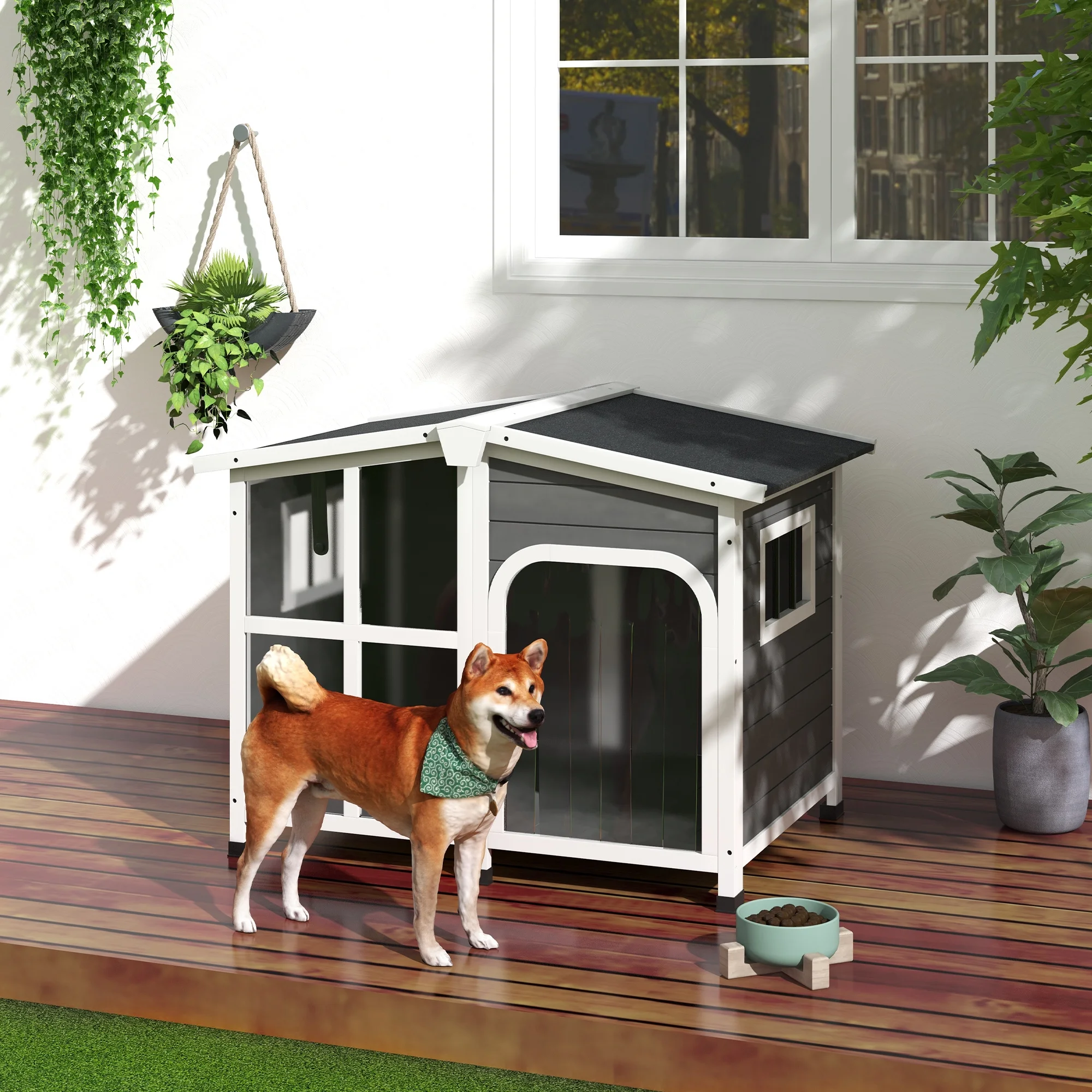 PawHut Giant Window Wooden Dog House for Large Dogs Outdoor & Indoor