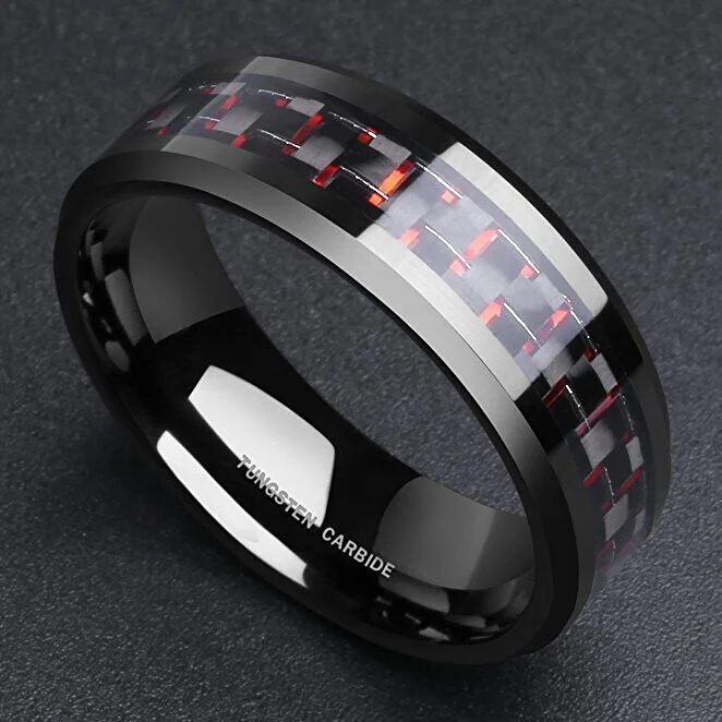 Wedding Rings For Men 8mm Black Tungsten Band Black & Red Dash Carbon Fiber