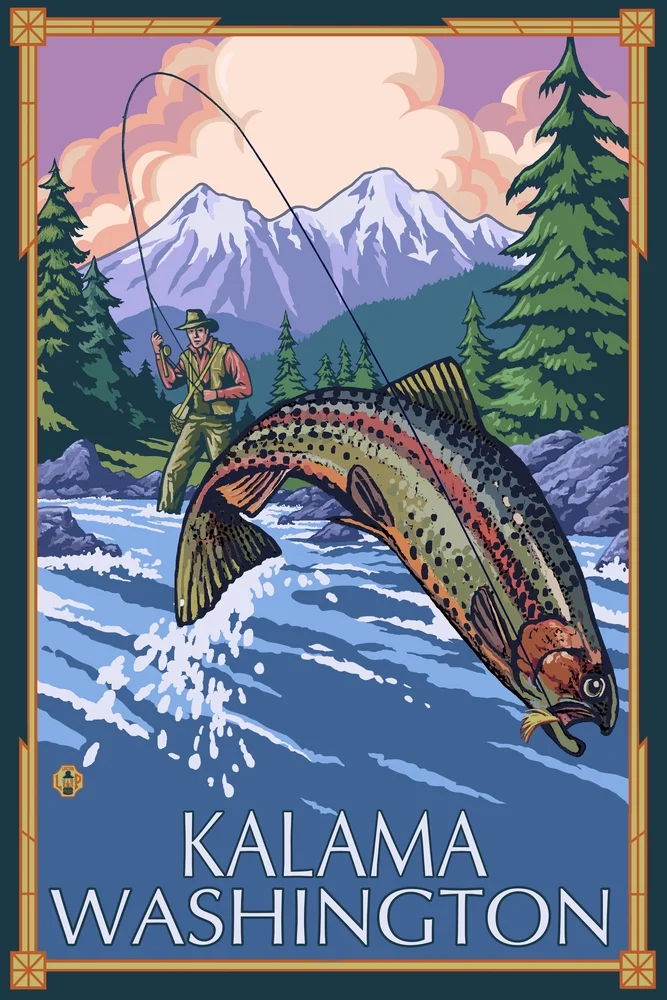 Kalama, WA, Angler Fly Fishing Scene (Leaping Trout) (12x18 Wall Art Poster, Room Decor)
