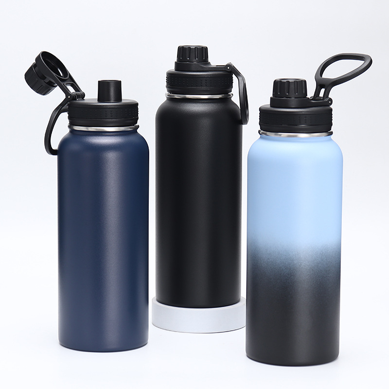 Stainless Steel Blank Cup Water Bottle Black 34oz Thin Straight Sports Bottle Mug Portable Straw lid