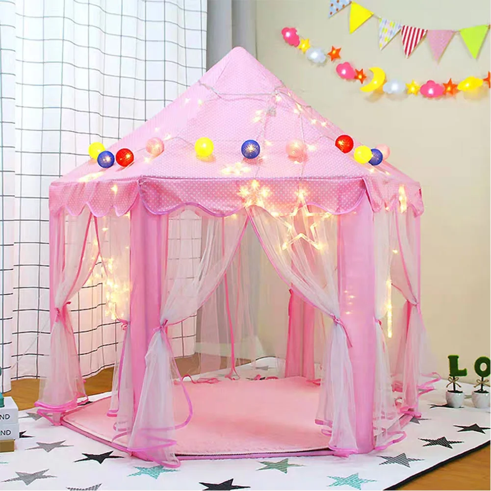 Veryke Princess Tent for Kids, Birthday Gift Large Castle Play Tent for Kids, Play Tents for Girls, Outdoor Indoor Portable Children Play Housefor Child Boys (Pink, Including Led Lights)