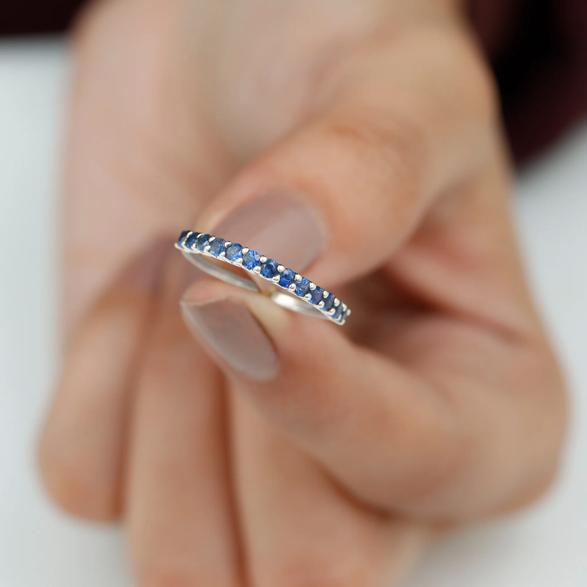 September Birthstone Blue Sapphire Stackable Ring, 925 Sterling Silver, US 4.00