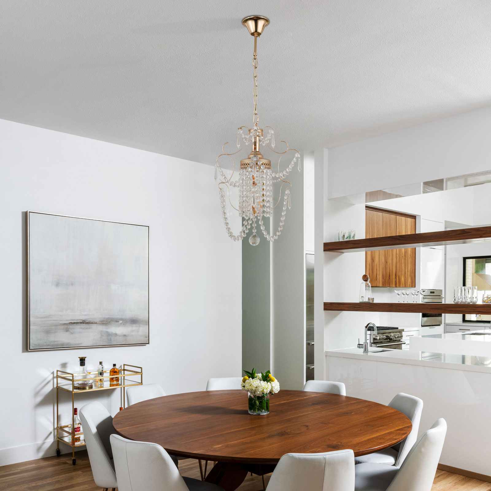 Loyalheartdy Crystal Chandelier, 1-Light Modern Elegant Metal Crystal  Ceiling Light Fixture Adjustable Height Hanging Lamp