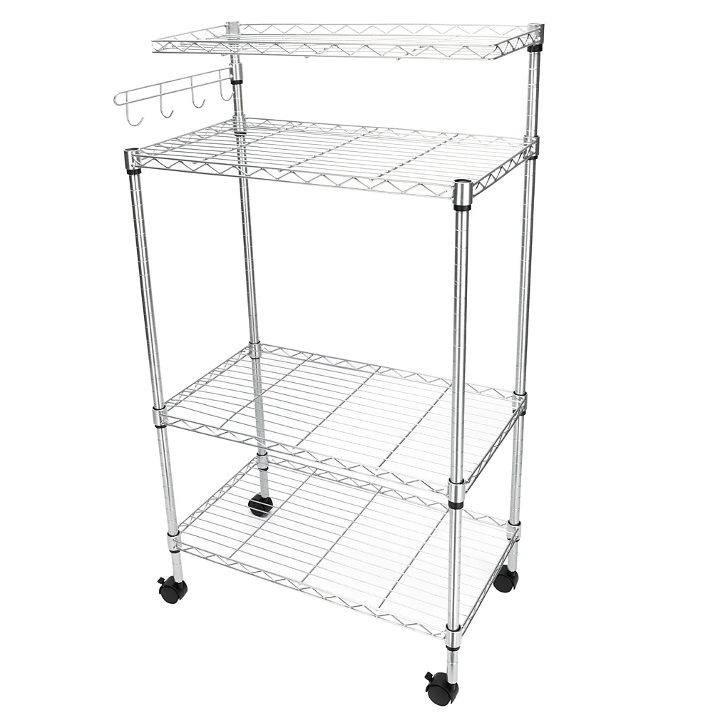 4 Tier Utility Storage Shelf Microwave Stand Cart on Wheels with Hooks, Kitchen Organizer Rack