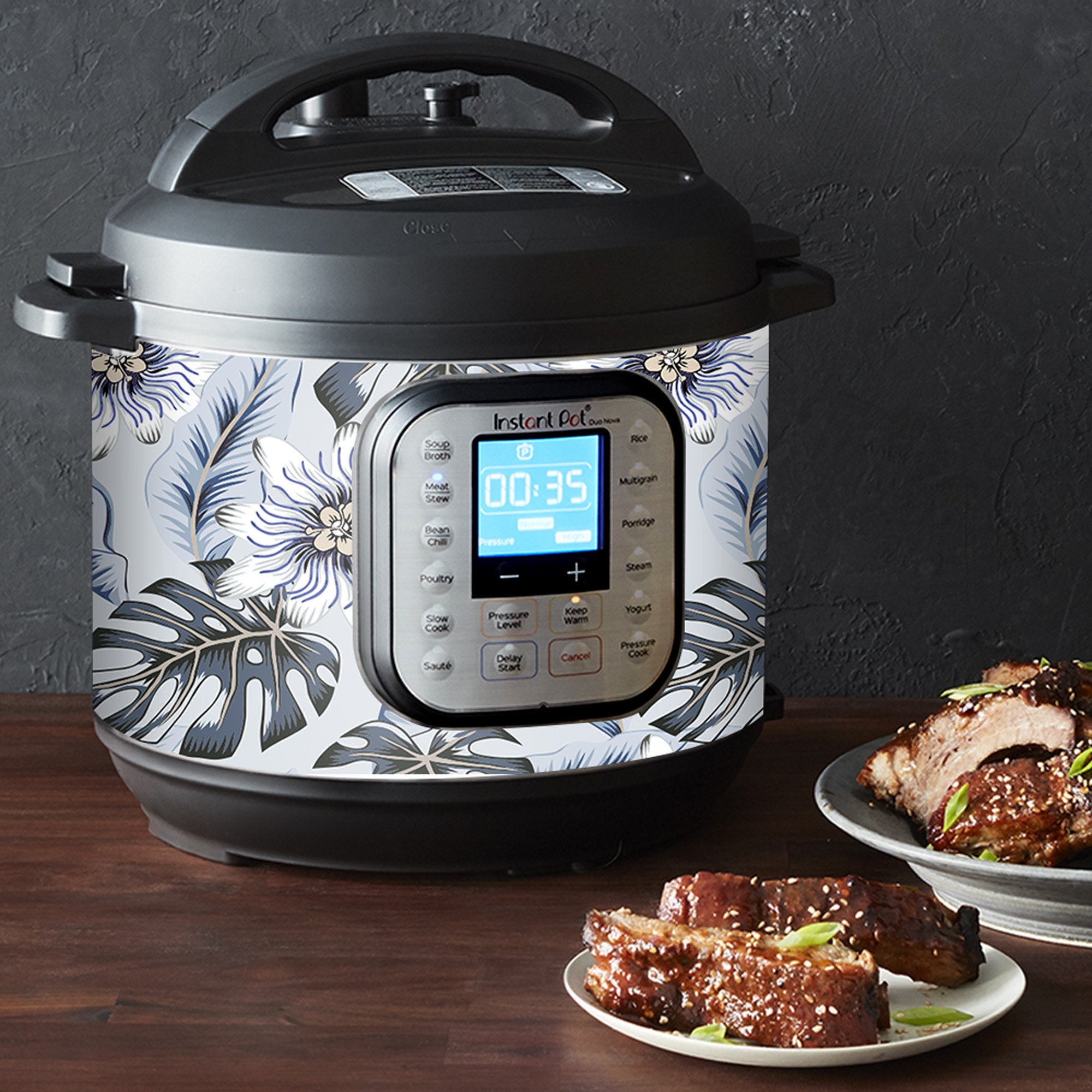 Wrap for Instant Pot Accessories 8 quart Duo Nova 8 Quart Cover Sticker | Wraps fit InstaPot Duo Nova 8 Quart ONLY | Tropical Flowers Blue Hue