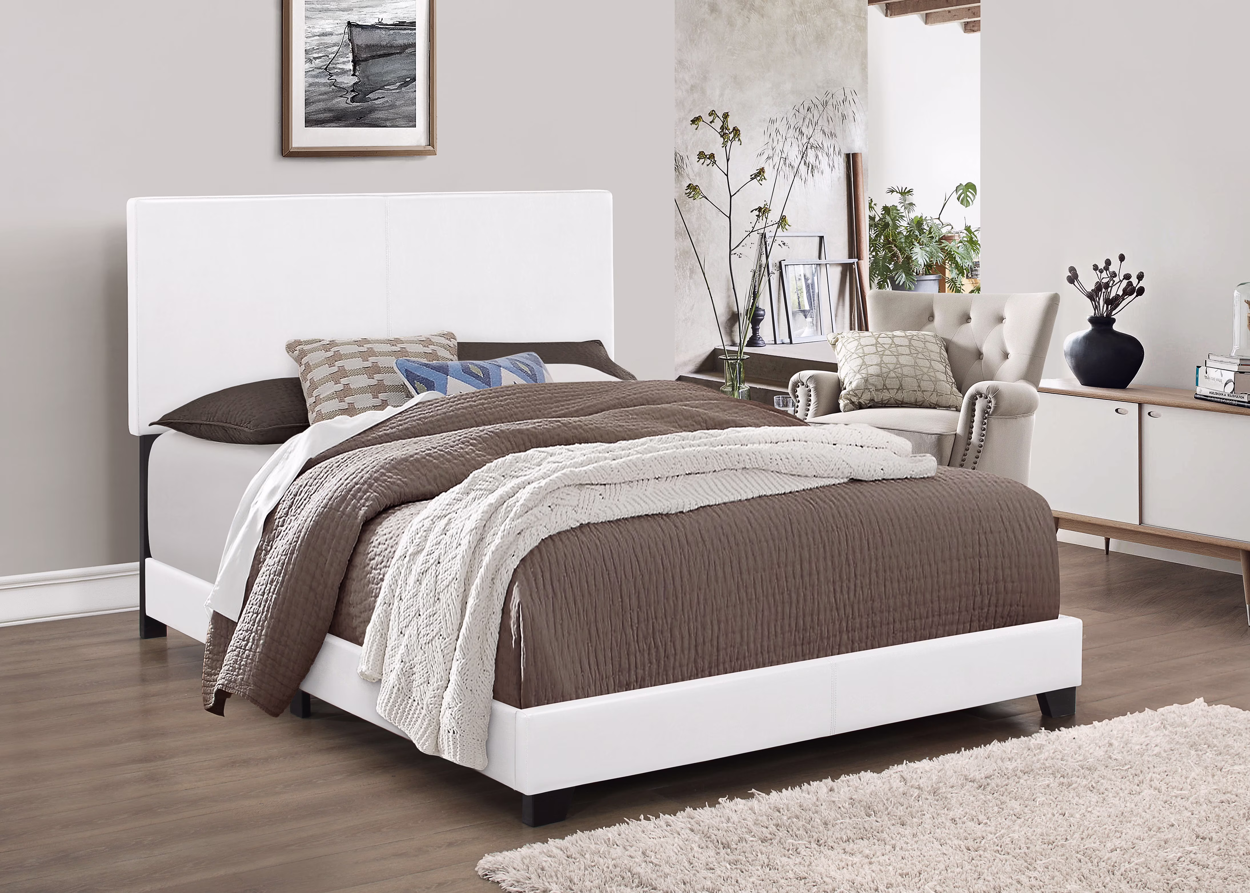 White PU Queen Bed Frame with 4 Slats