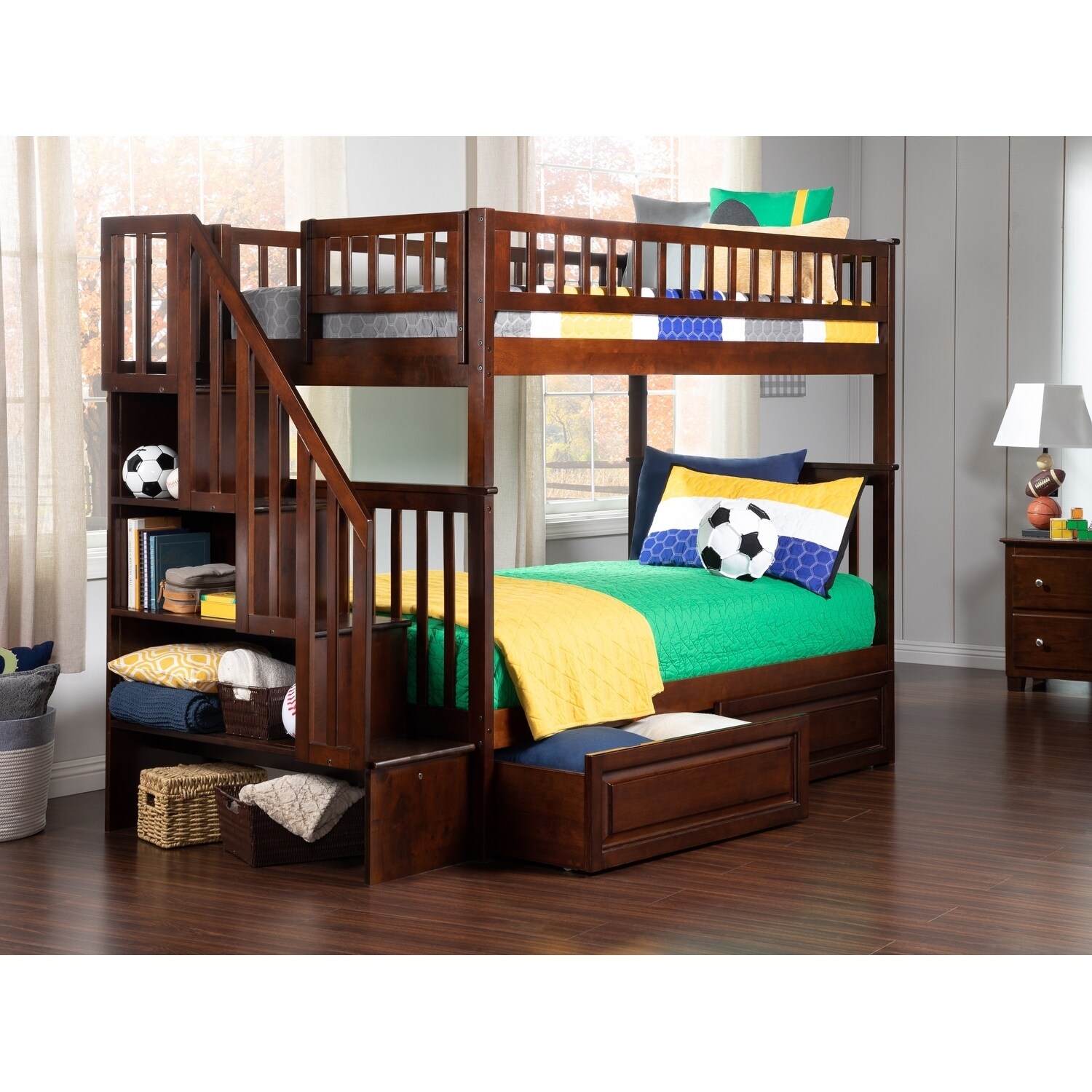 AFI Woodland Staircase Bunk Bed Twin over Twin with 2 Drawers in Walnut