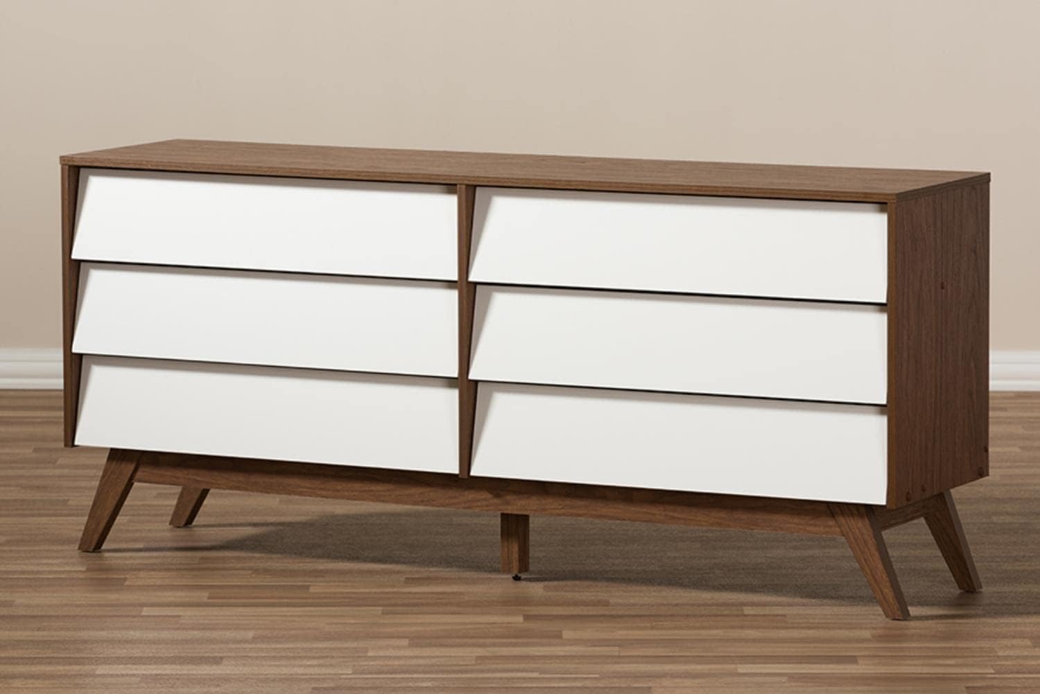 Hildon 6 Drawer Double Dresser In White And Walnut Brown