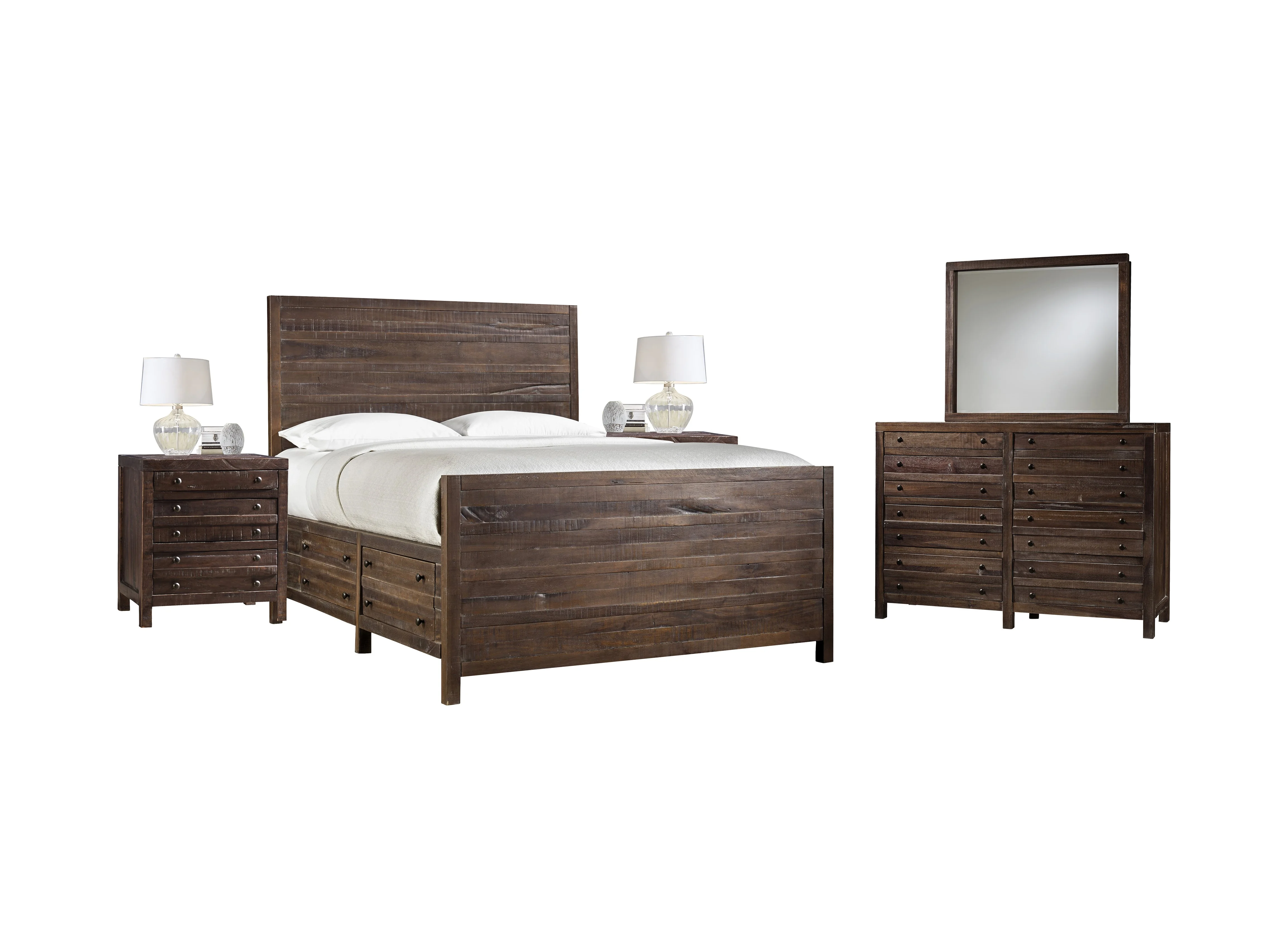 Tempton 5PC Queen Storage Bed, 2 Nightstand, Dresser & Mirror Set in Coffee Brown