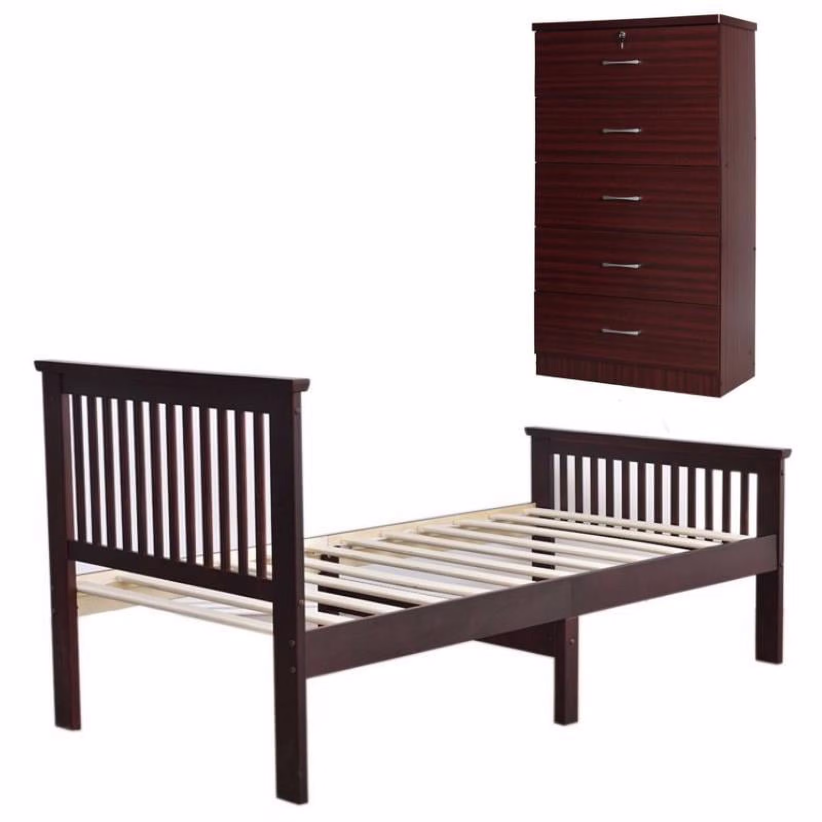 Home Square 2-Piece Set with Pine Twin Bed and 5-Drawer Chest Bedroom Dresser