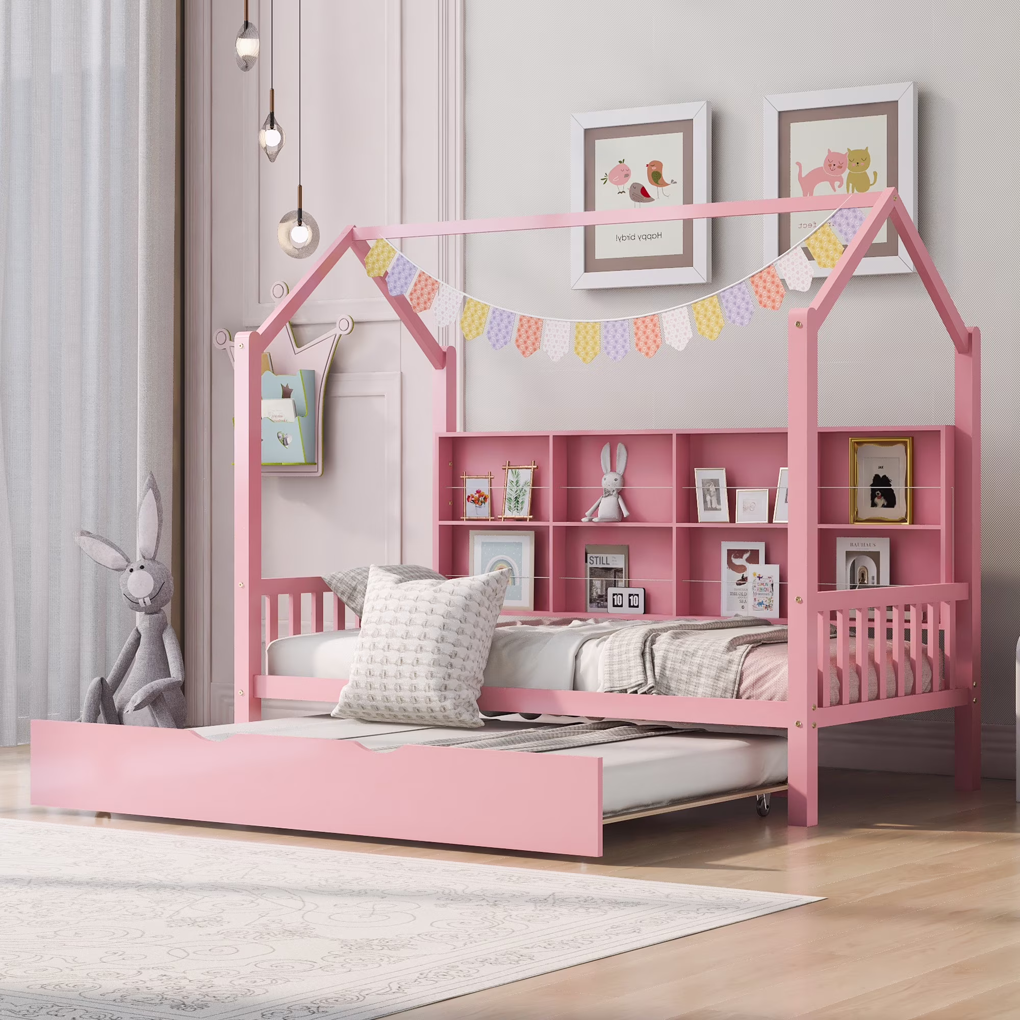 CoSoTower Wooden Twin Size House Bed with Trundle, Kids Bed with Shelf, Pink