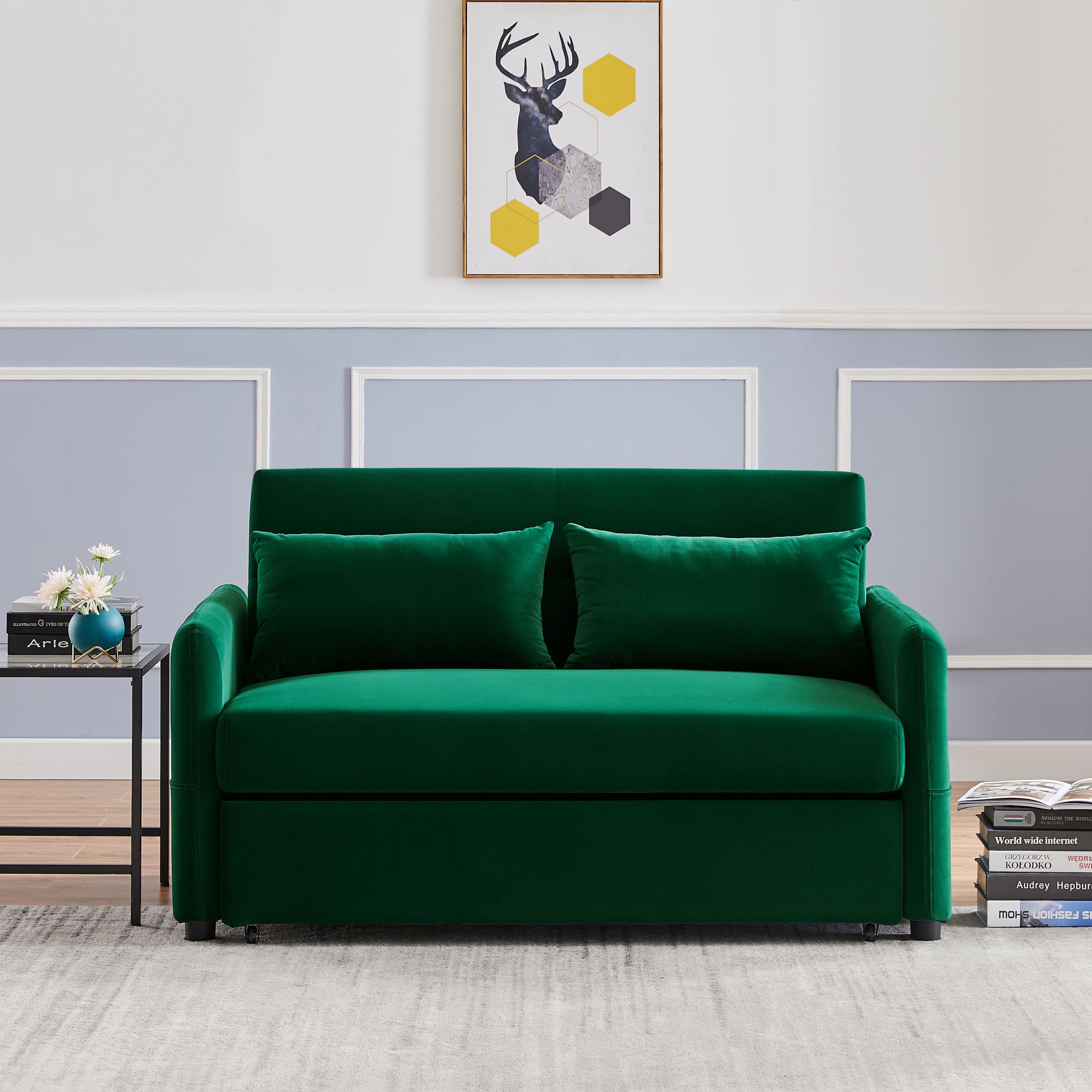 RUXAN Double seat sofa bed sofa with pull-out bed, adjustable backrest with 2 lumbar pillows for small living rooms, apartments, etc.-Dark Green