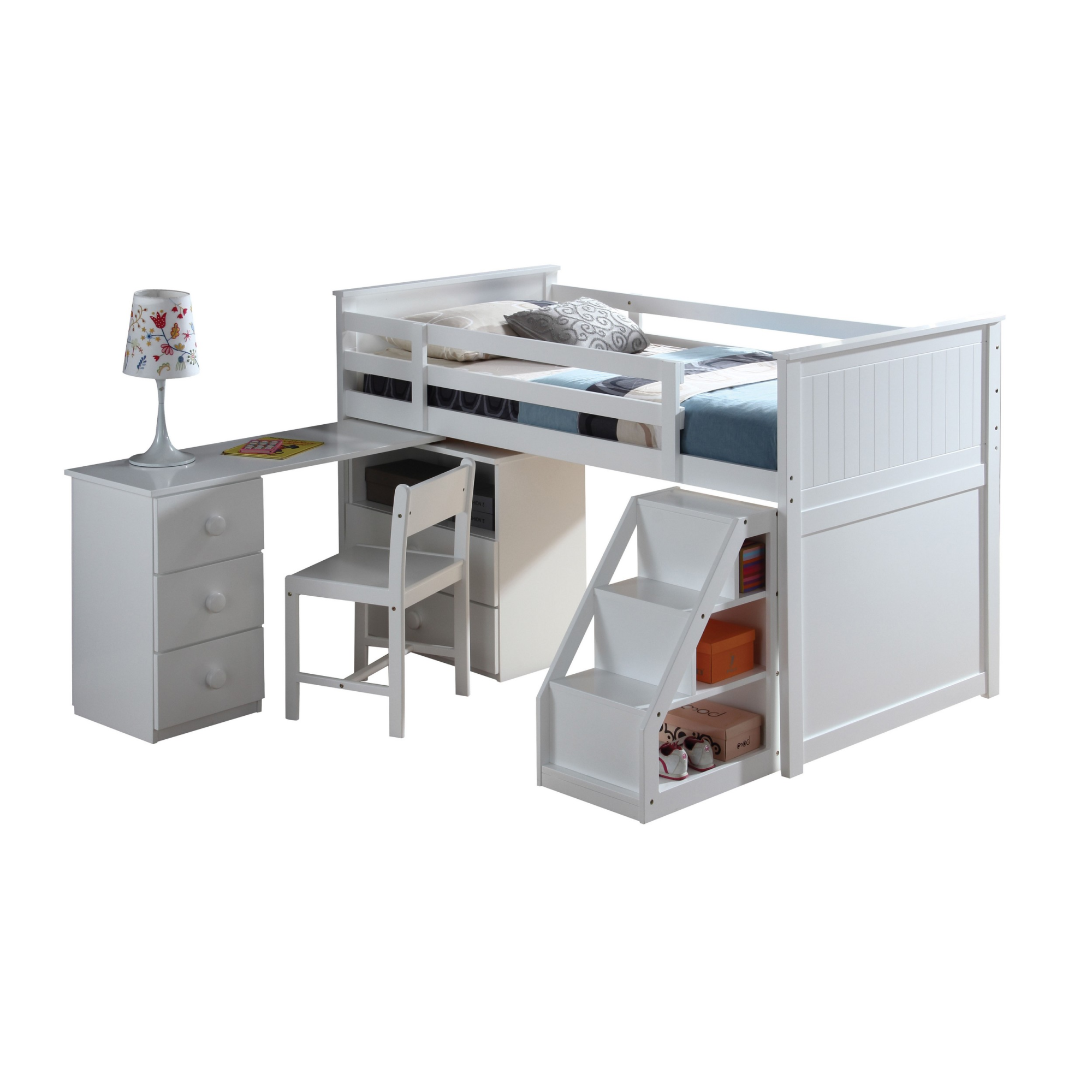 Miekor Furniture Wyatt Twin Loft Bed w/Chest, Swivel Desk & Storage Ladder in White