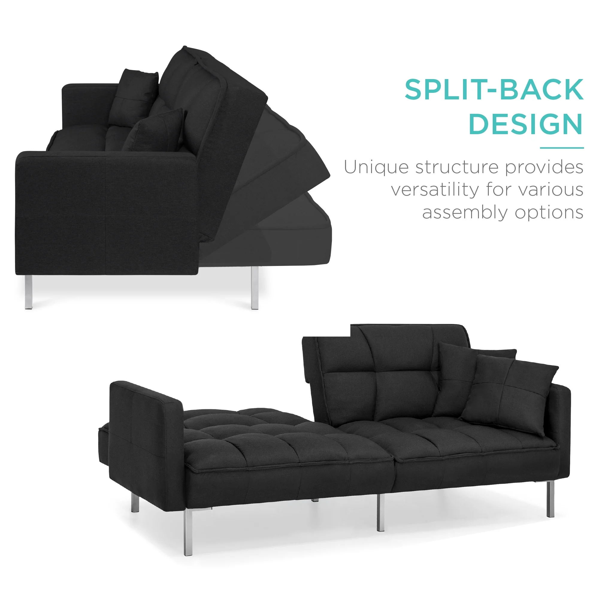 Best Choice Products Convertible Living Room Linen Fabric Tufted Split-Back Futon Sofa w/ 2 Pillows - Black