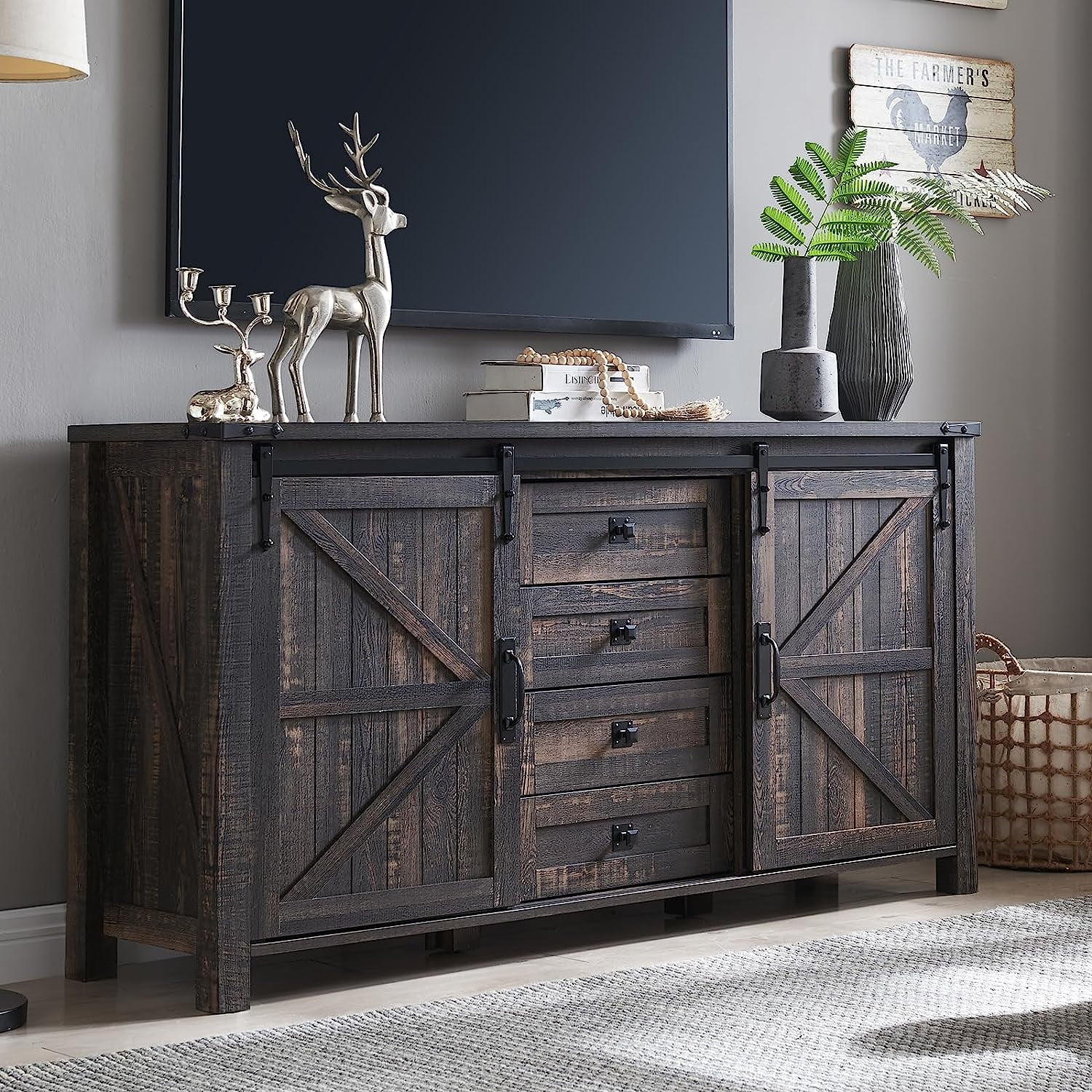 OKD Dresser Chest, Farmhouse Modern Chest Organizer TV Stand with 4 Drawers for Bedroom, Dark Rustic Oak Finish