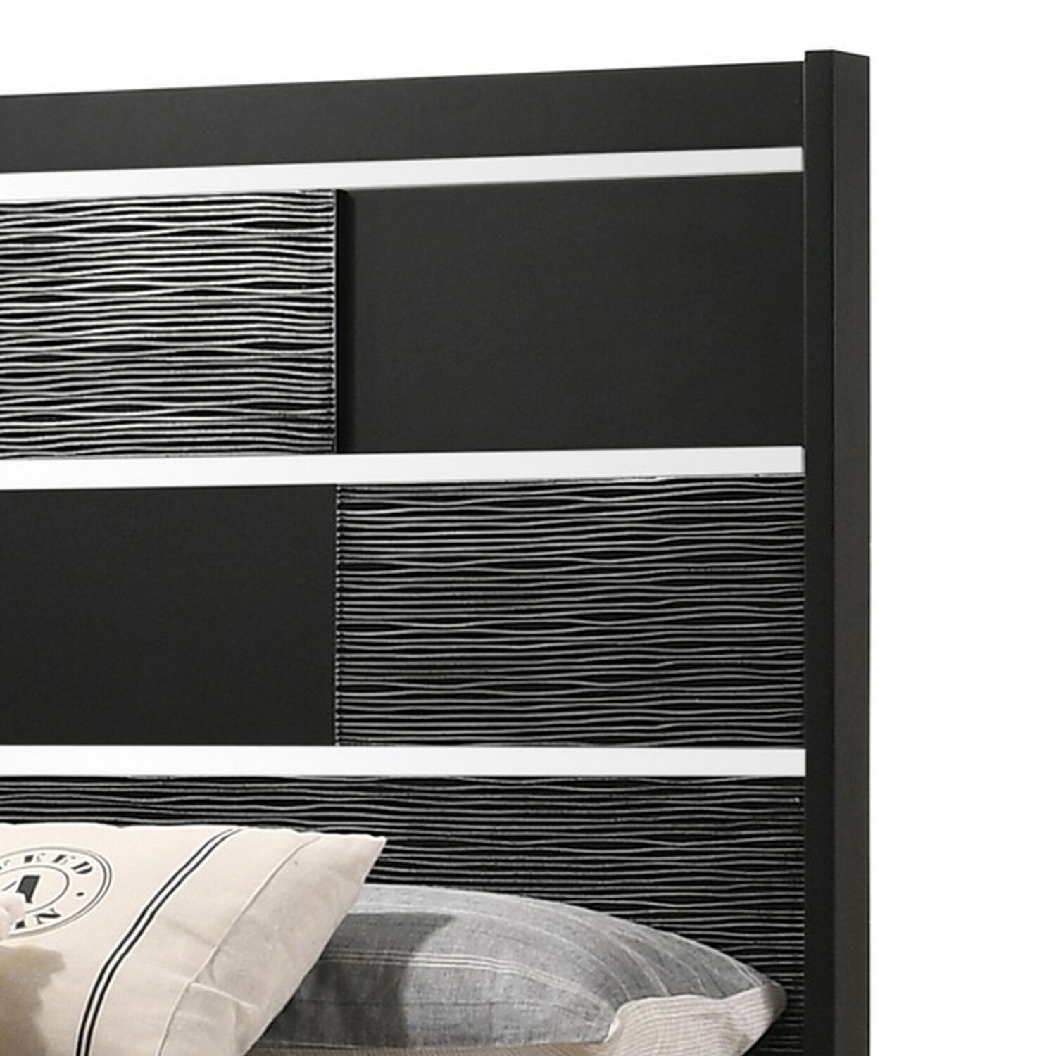 Benjara BM302864 Mirror Accents Chambered Trim On Headboard Reza King Size Panel Bed, Black & Chrome