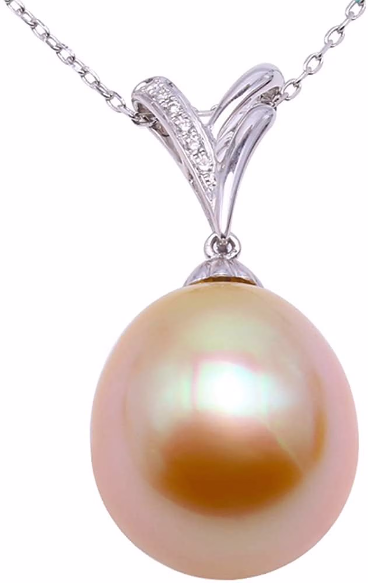 JYX Pearl 18K Gold Pendant 13x14mm Oval Golden South Sea Cultured Pearl Pendant Necklace Dotted with Diamonds for Women