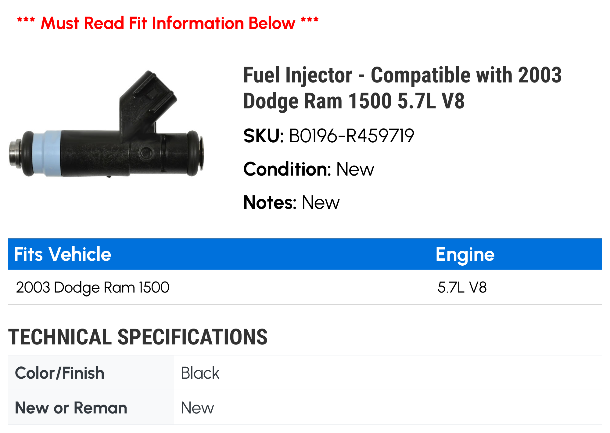Fuel Injector - Compatible with 2003 Dodge Ram 1500 5.7L V8