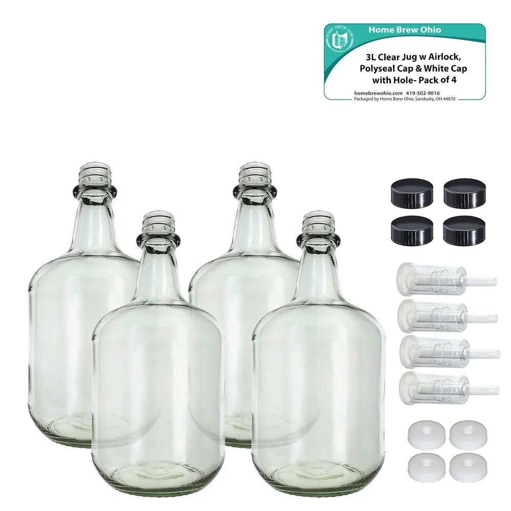 3L Jug Flint - White Cap with Hole, Econo Three-Piece Airlock, and Polyseal Cap Pack of Four
