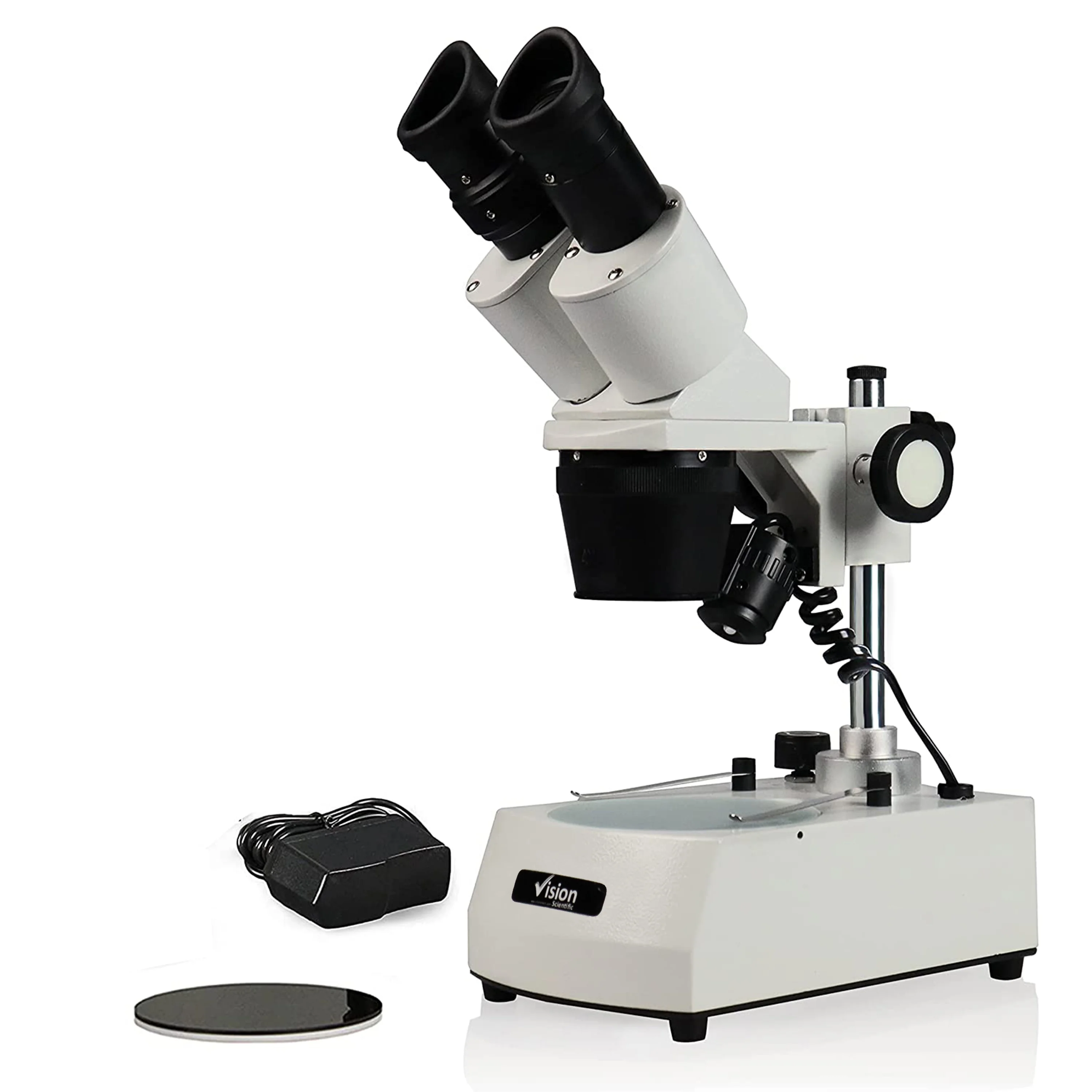 Vision Scientific Binocular Stereo Microscope, 2X and 4X Objective, Paired 10X WF Eyepiece, 20X - 40X Magnification, Top and Bottom LED Illumination, Post-Mounted Stand, 110V