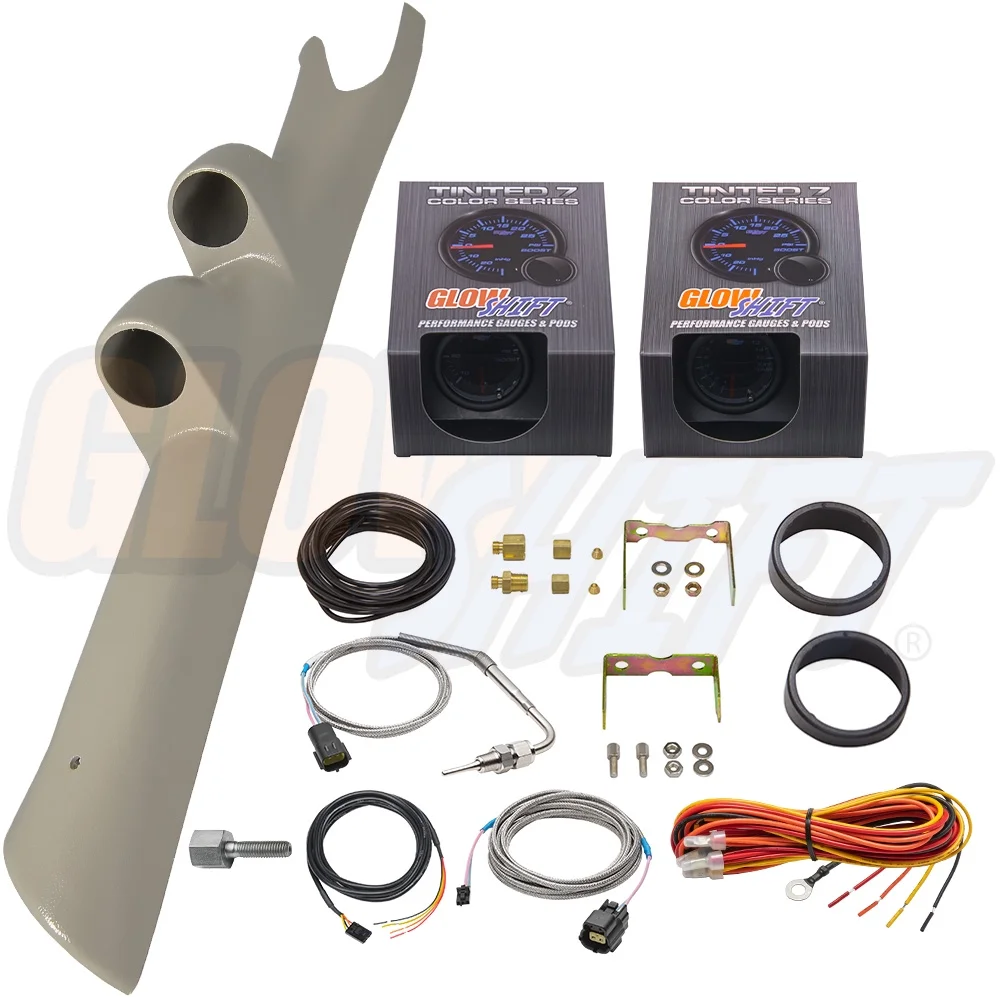 GlowShift | 3rd Gen 2003-2009 Dodge Ram 5.9 & 6.7 Cummins Taupe Full Size Dual Pillar Pod with Tinted 7 Color Series 60 PSI Boost Gauge & 1500� Pyrometer EGT Gauge